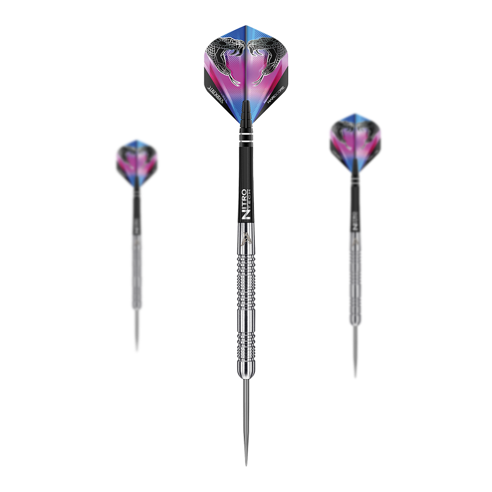 Rzutki stalowe Red Dragon Peter Wright Snakebite Euro 11 Das Bild zeigt drei Steeldarts des Modells "Red Dragon Peter Wright Snakebite Euro 11". Die Flights der Darts sind farbenfroh gestaltet und zeigen zwei Schlangen.