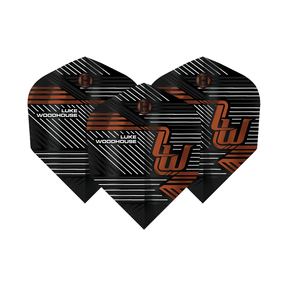 Harrow's Luke Woodhouse Series 2 Flights Das Bild zeigt die Harrows Luke Woodhouse Series 2 Flights. Die Flights sind überwiegend schwarz mit weißen und orangefarbenen Linien sowie dem Namen "Luke Woodhouse" aufgedruckt.