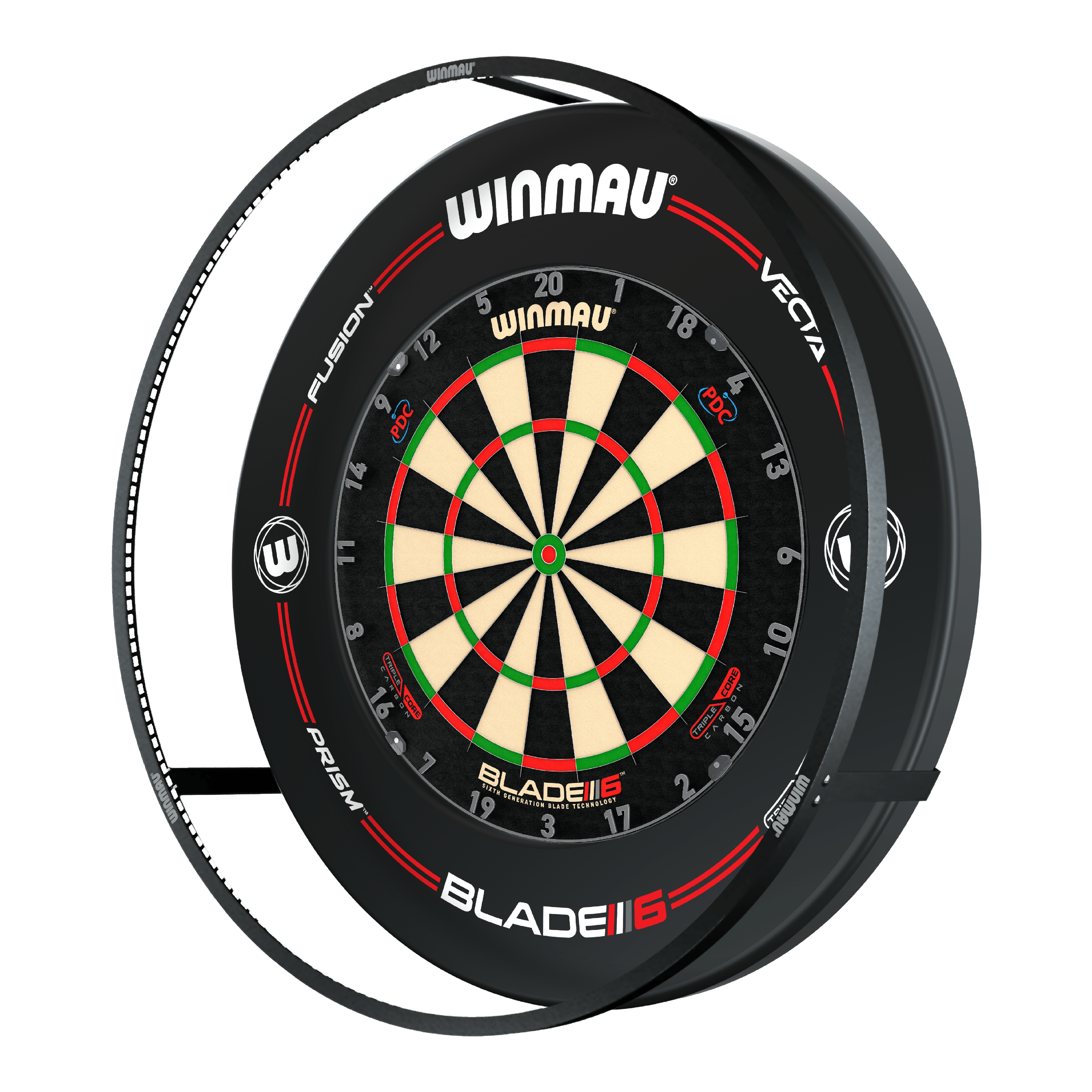 ZESTAW Oświetlenie LED i otoczenie Winmau Plasma Das Bild zeigt das 'Winmau Plasma LED Beleuchtung und Surround Bundle' mit einer Dartscheibe. Um die Scheibe herum befindet sich eine LED-Beleuchtung und ein schwarzer Schutzring.