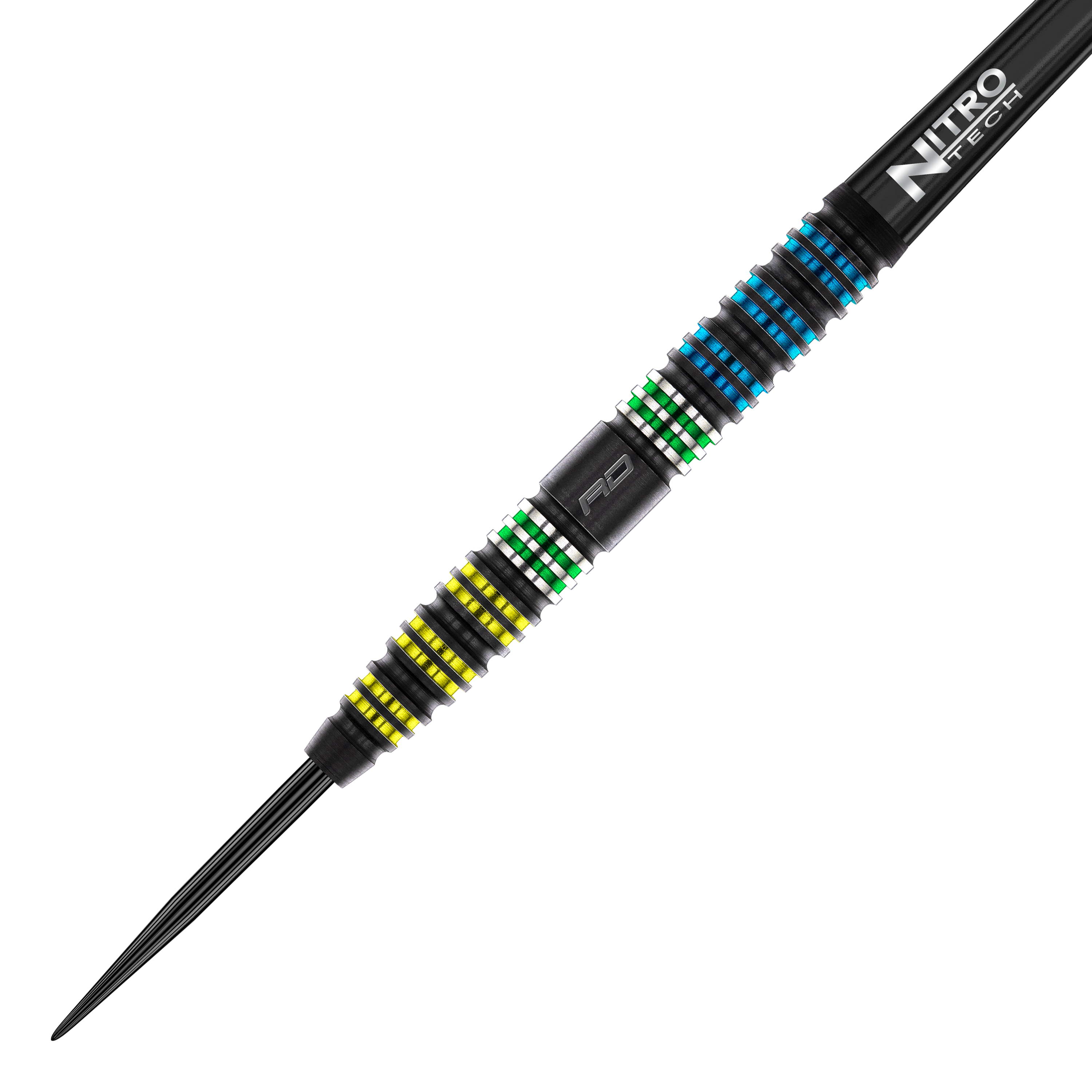 Czerwone lotki Dragonfly 95 ze stali stożkowej w kolorze czarnym Das Bild zeigt den Red Dragon Dragonfly 95 Black Tapered Steeldart. Der Dart hat farbige Ringe in Gelb, Grün und Blau sowie einen schwarzen Schaft mit der Aufschrift "Nitro Tech".