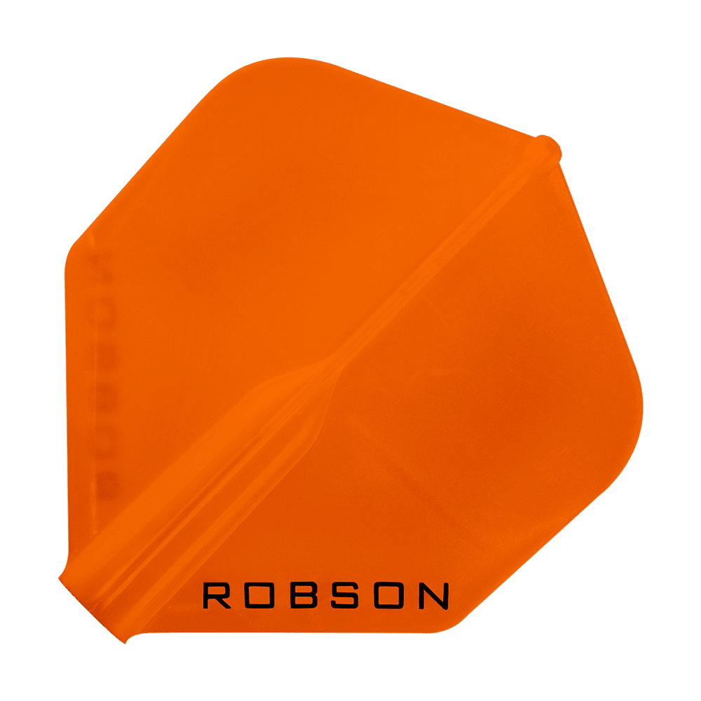 Loty Robson Plus — standardowe Das Bild zeigt ein orangefarbenes Dartflight mit der Aufschrift "ROBSON". Das Flight hat eine klassische, standardmäßige Form.