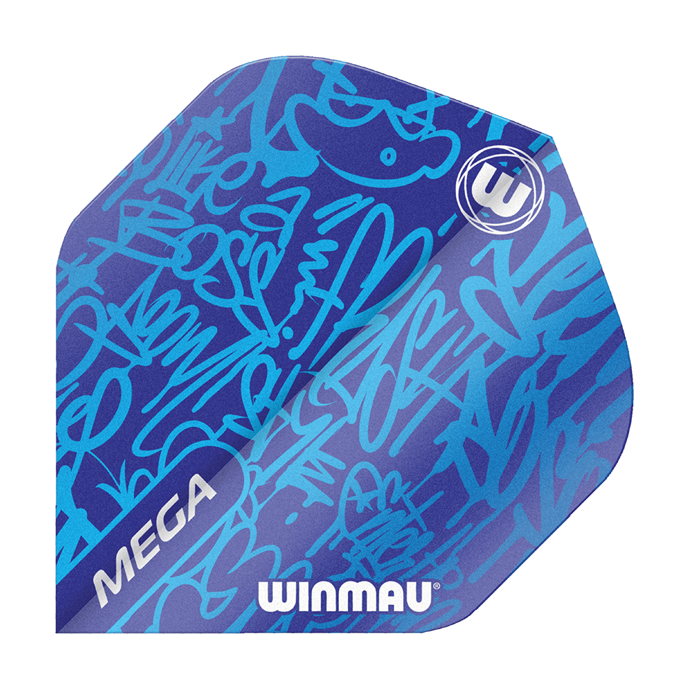 Das Bild zeigt ein Winmau Mega Blue Standard Flight für Dartpfeile. Das Flight ist blau mit modernen, grafischen Mustern und dem Winmau-Logo bedruckt.