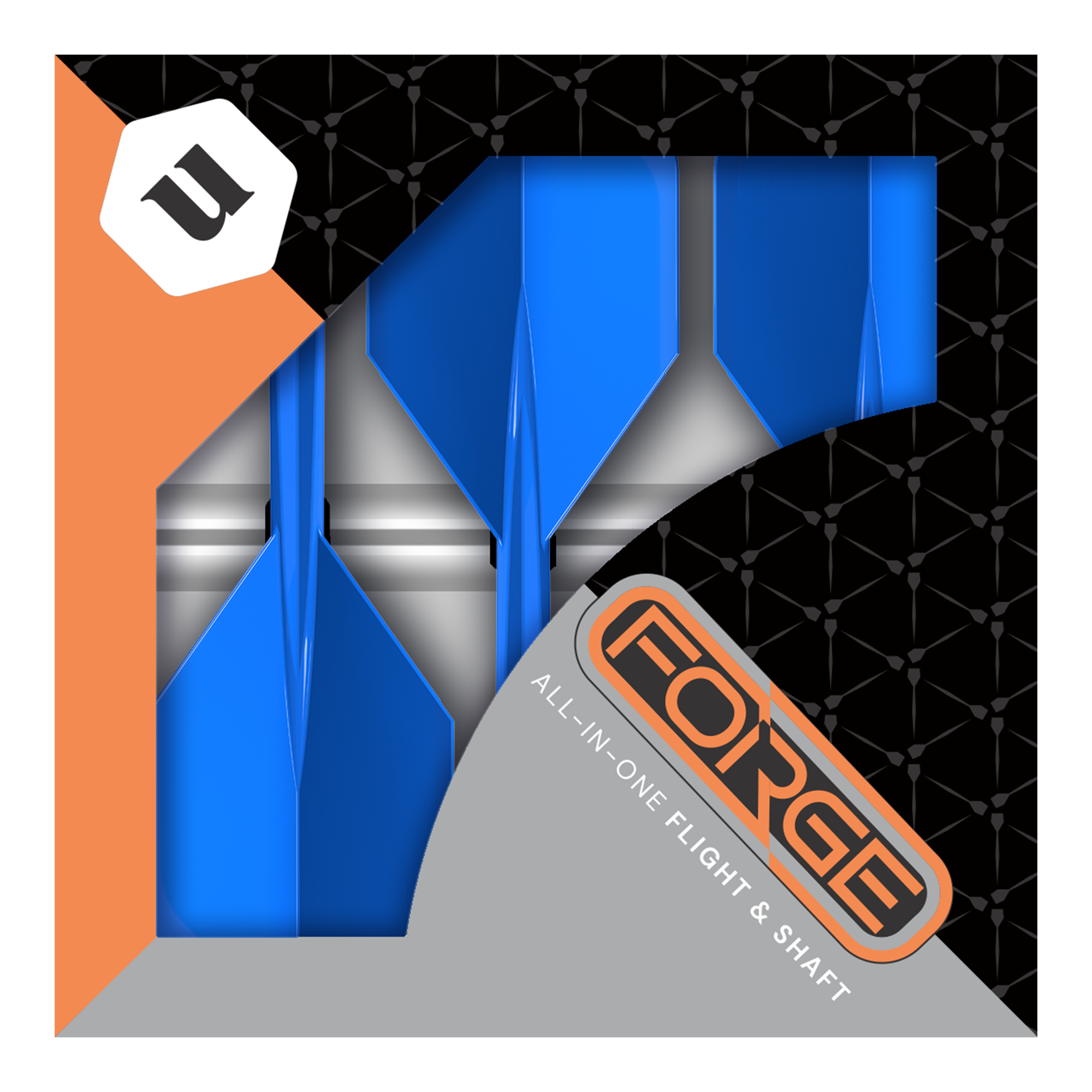 Dies ist eine Verpackung der „Unicorn Forge All In One Plus No2 Standard Flights Blau - Medium“. In der Schachtel befinden sich blaue Dart-Flights mit integriertem Schaft.