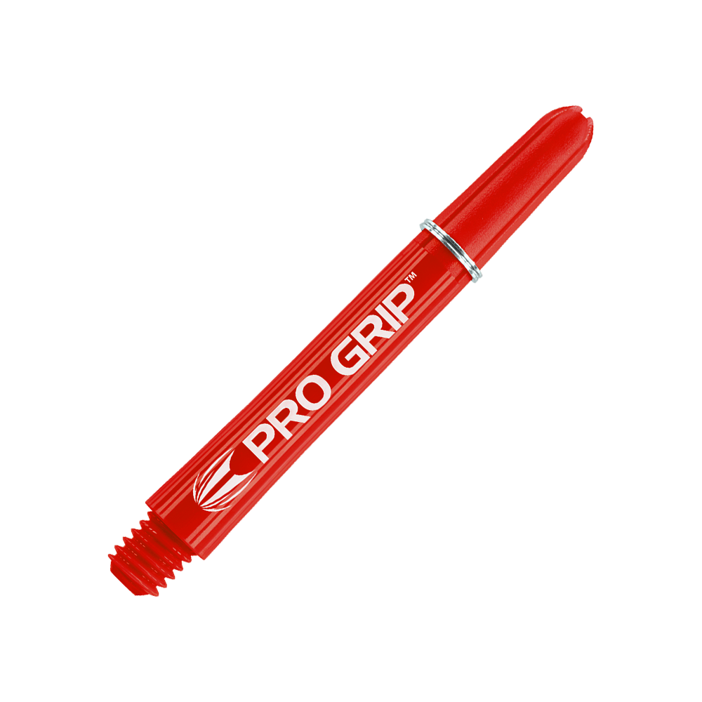 Wałki Target Pro Grip - 3 zestawy - czerwone Das Bild zeigt einen roten Dartshaft mit der Aufschrift "PRO GRIP". Der Hintergrund ist ebenfalls rot und weist ein Muster aus Linien auf.