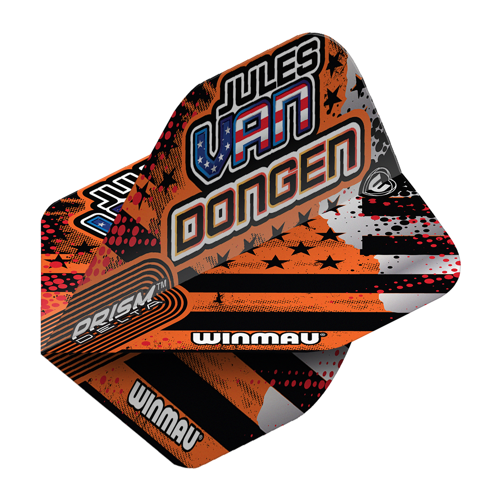 Winmau Prism Delta Jules Van Dongen Standard Flights Das Bild zeigt die Winmau Prism Delta Jules Van Dongen Standard Flights. Die Flights haben ein auffälliges Design mit orangenen, schwarzen und weißen Farben sowie dem Namen "Jules Van Dongen" aufgedruckt.