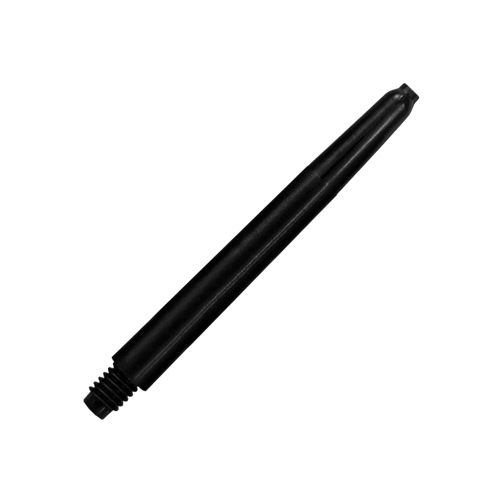 568_Nylon_Shafts_Schwarz_48mm_2 Das Bild zeigt einen schwarzen Nylon-Schaft. Er hat ein Gewinde an einem Ende und ist für den Einsatz bei Darts geeignet.