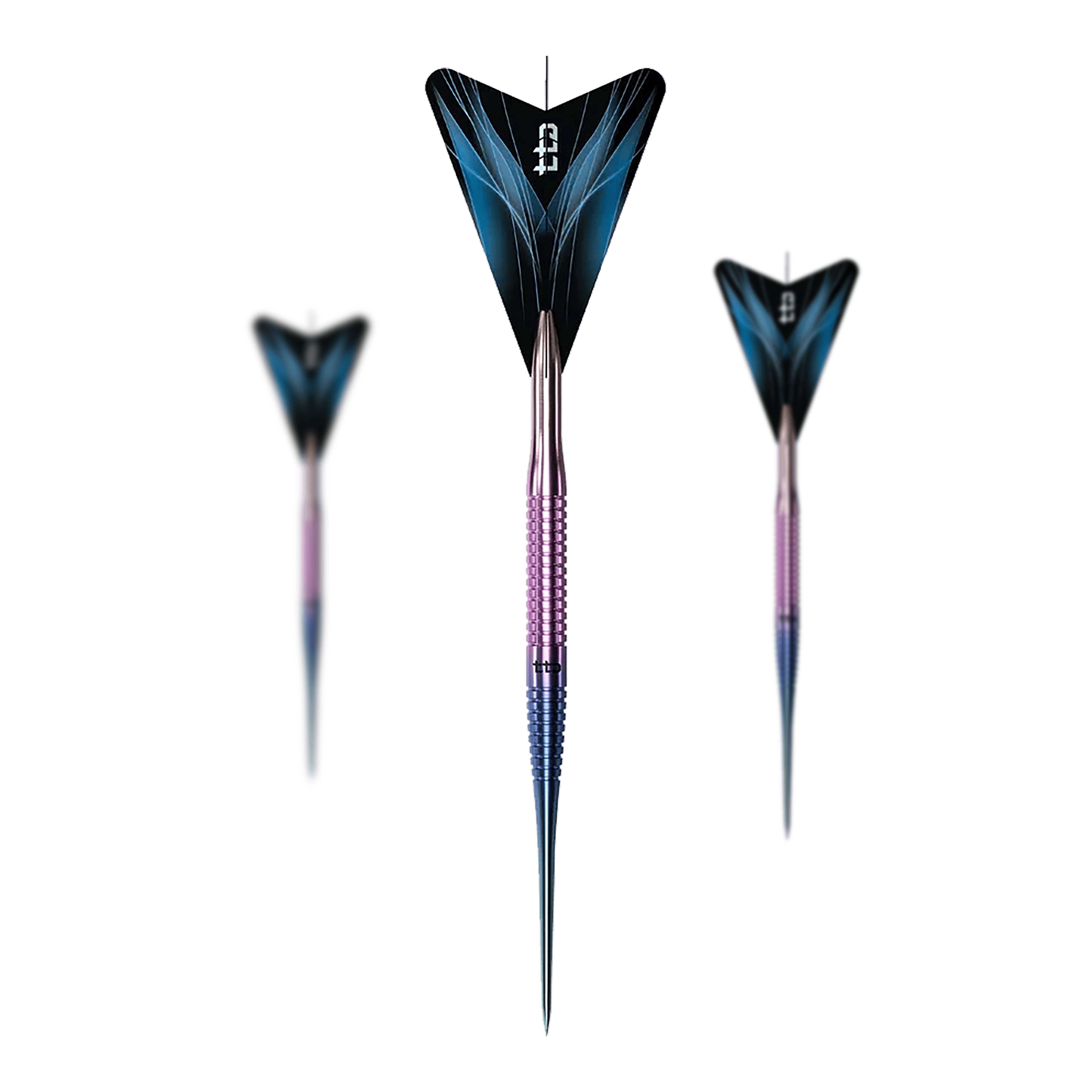 Caliburn TTD Complete Titanium T3 Rainbow Steeldarts - 7g. Gezeigt wird ein Set aus bunten Steeldartpfeilen aus Titan.