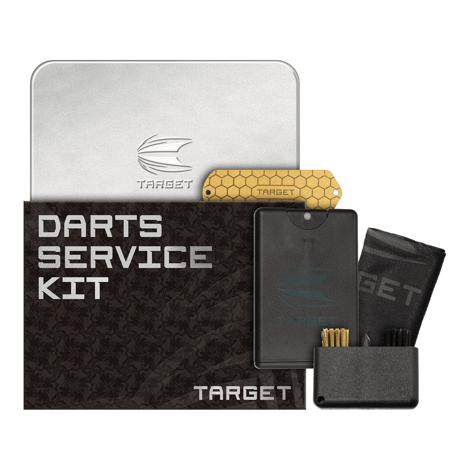 Zestaw serwisowy do rzutek Target Zu sehen ist das Target Dart Servicing Kit. Dieses Set enthält verschiedene Werkzeuge und Zubehör zum Warten von Darts.