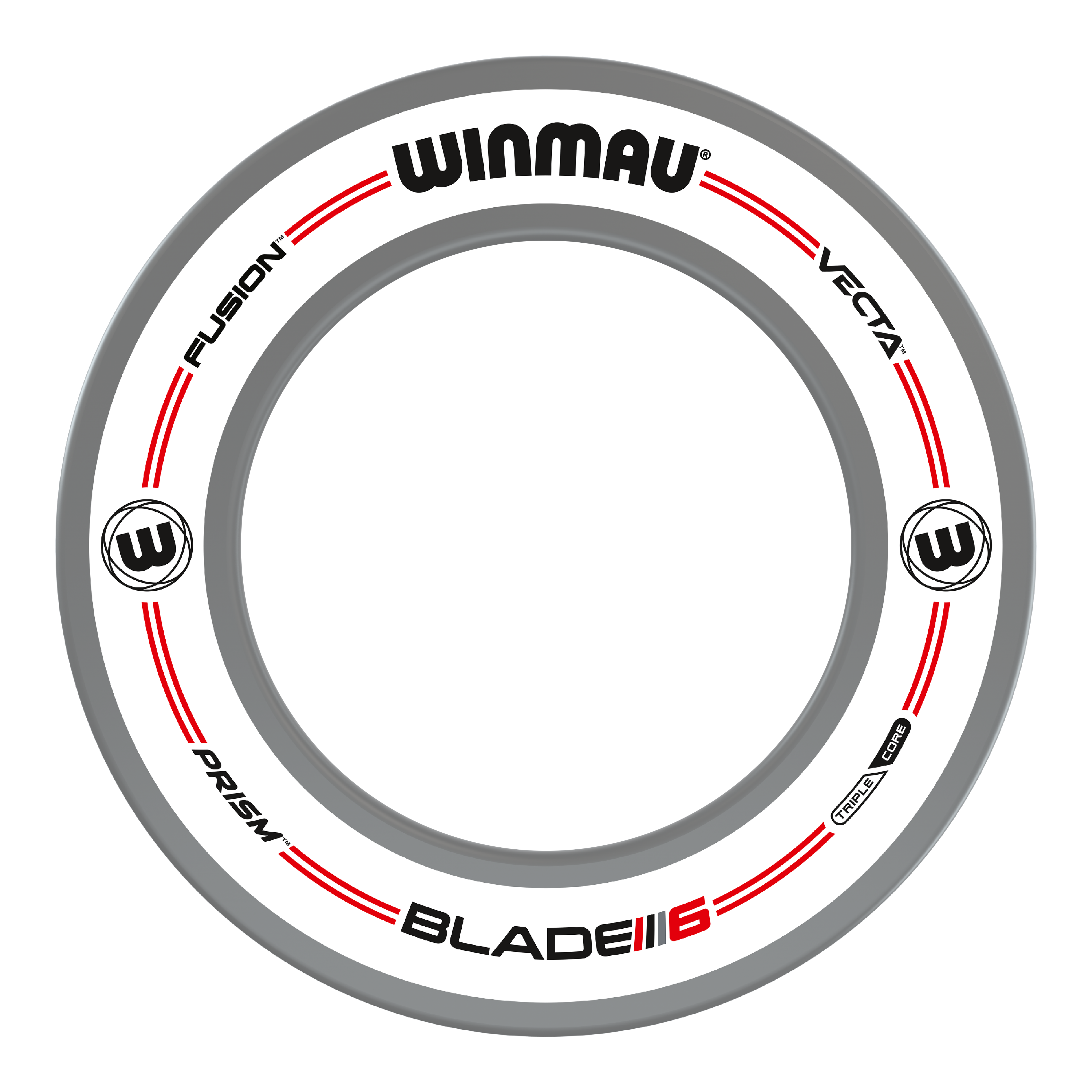 Das Bild zeigt das Winmau Pro-Line Original White Dartboard Surround. Es ist ein weißer, runder Schutzring mit schwarzen und roten Akzenten sowie verschiedenen Aufdrucken.