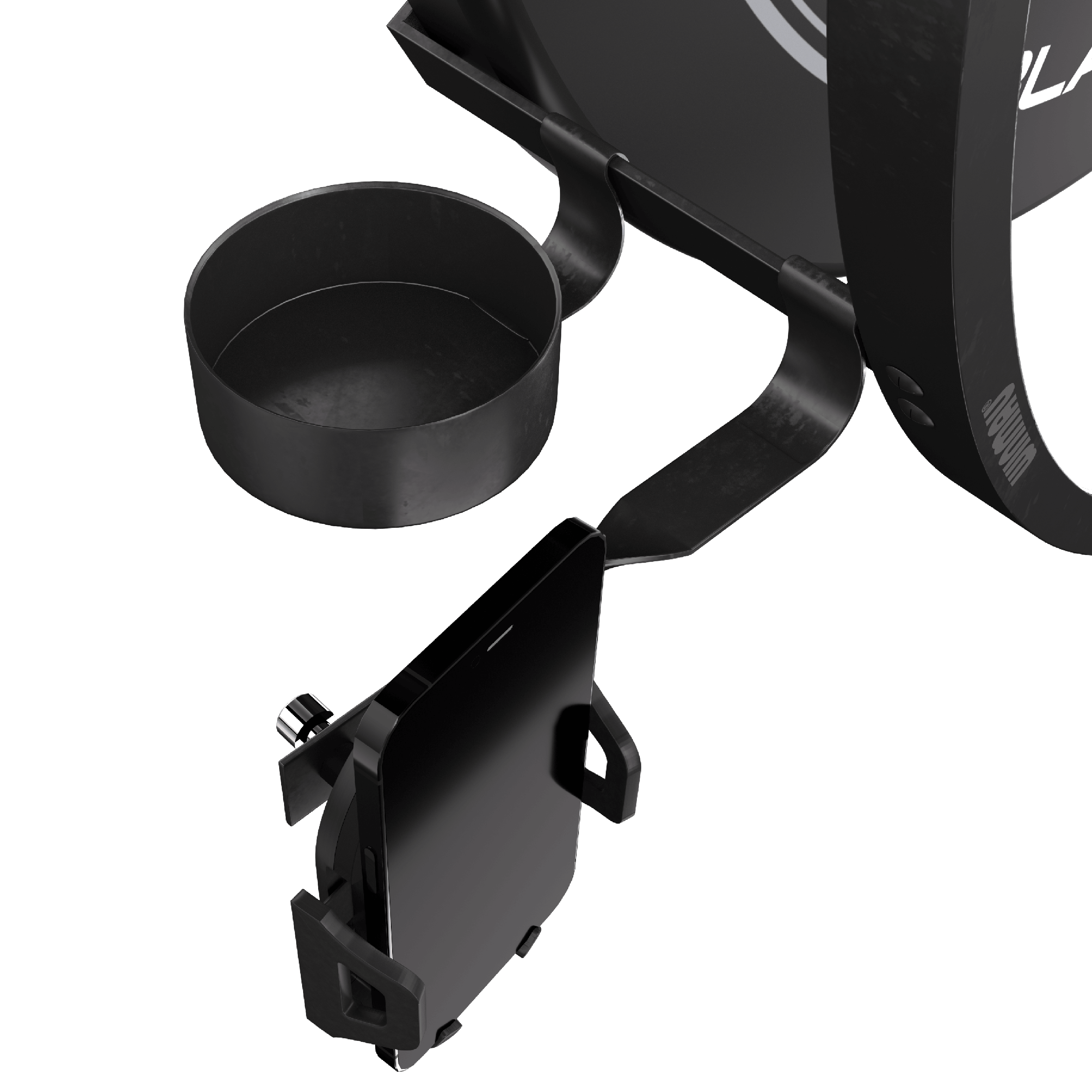 Zestaw akcesoriów plazmowych Winmau Das Bild zeigt das Winmau Plasma Zubehör Set mit einem Handyhalter und einem Becherhalter. Beide Halterungen sind an einem runden Rahmen befestigt.
