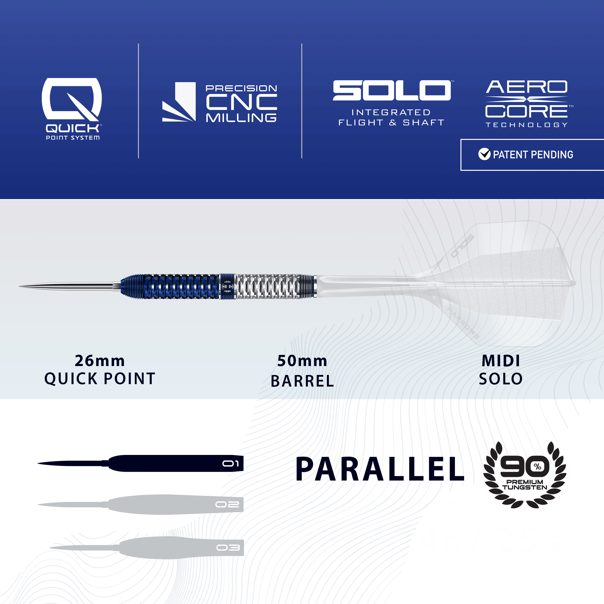 Lotki stalowe Harrows GEO Parallel Quick Point Das Bild zeigt Harrows GEO Parallel Quick Point Steeldarts. Der Pfeil und sein Aussehen werden präsentiert.