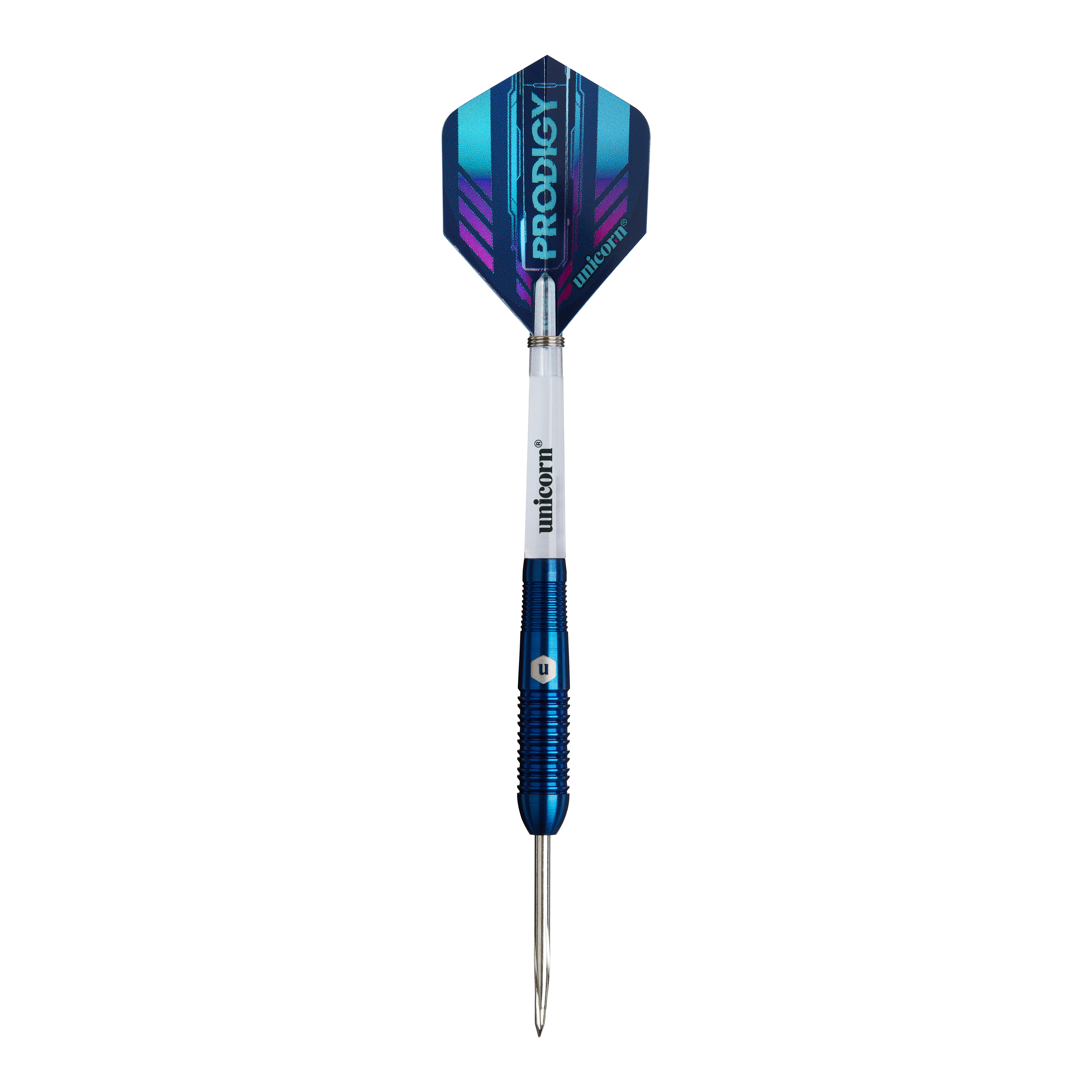 Unicorn Prodigy 02 Torpedo Steeldarts Das Bild zeigt einen Unicorn Prodigy 02 Torpedo Steeldart. Der Dartpfeil hat blaue und silberne Farben mit einer spitzen Metallspitze und einem modernen Flight-Design.