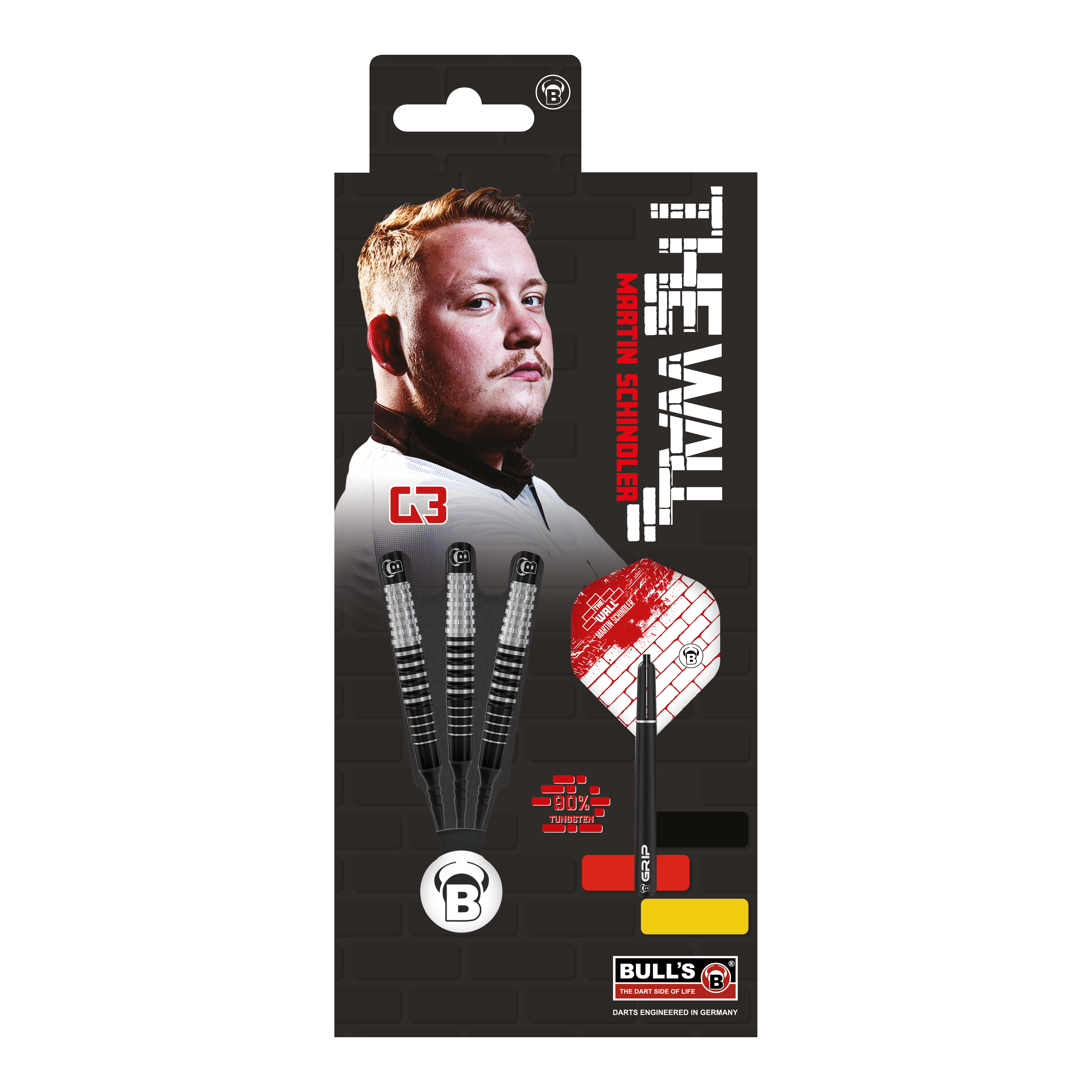 Das Bild zeigt die Verpackung der "Bulls Martin Schindler Original Generation 3 Softdarts". Auf der Verpackung ist ein Porträt von Martin Schindler sowie drei Softdarts und das Logo von Bull's abgebildet.