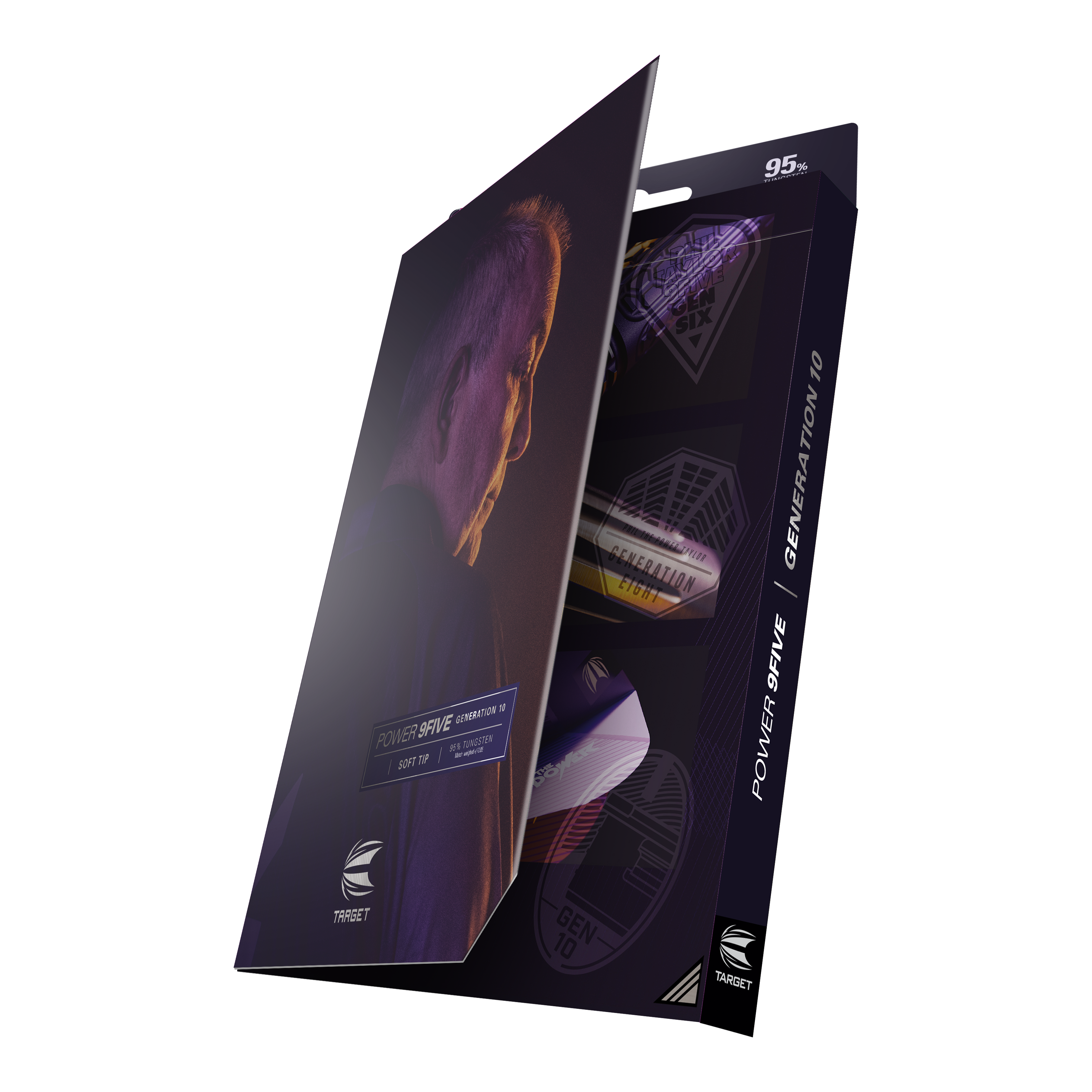 Miękkie lotki Target Phil Taylor Power 9Five GEN10 Die Abbildung zeigt die Verpackung der "Target Phil Taylor Power 9Five GEN10 Softdarts". Auf der Vorderseite ist ein Porträtfoto sowie der Produktname zu sehen.