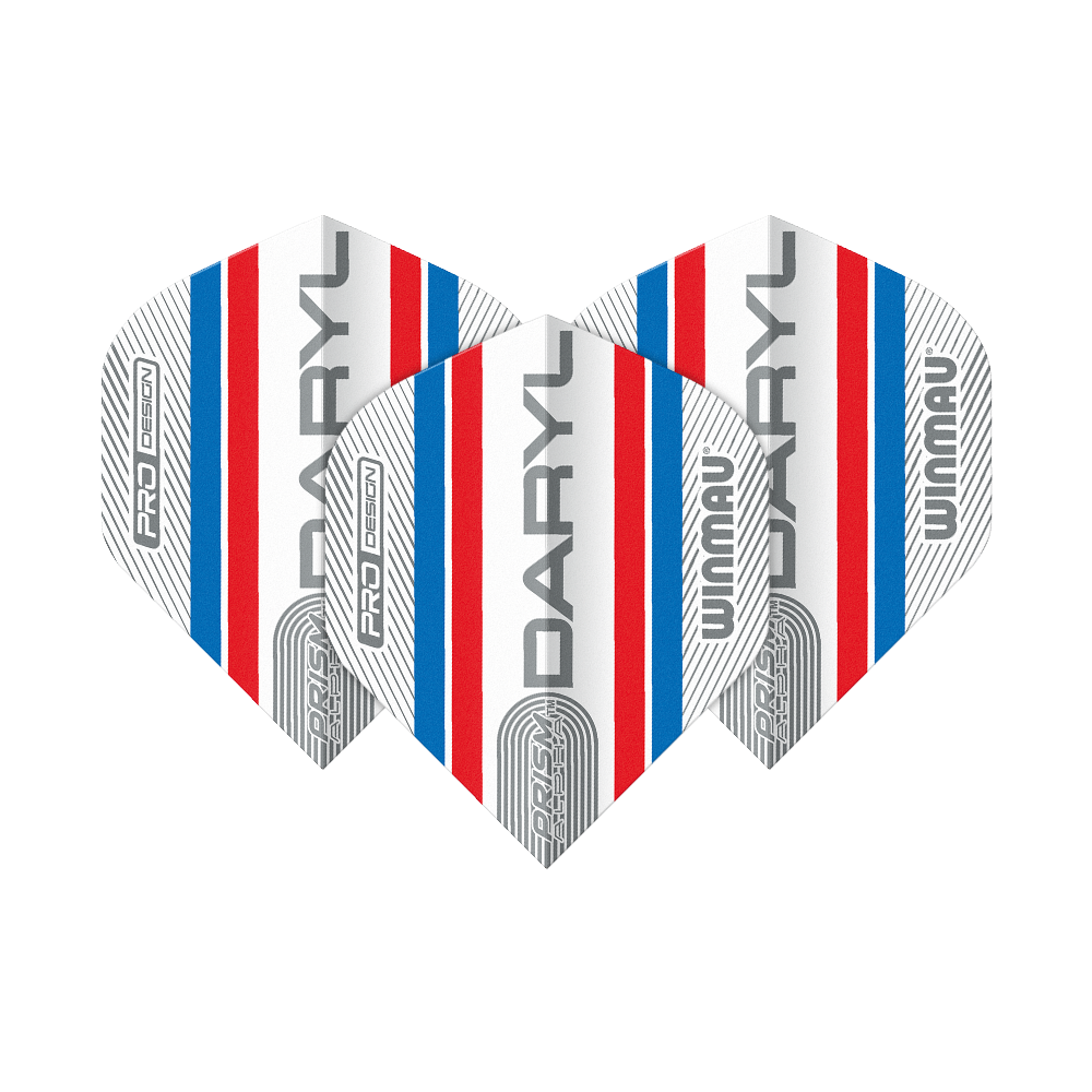 Winmau Alpha Daryl Gurney Gurney 85 Standard Flights Auf dem Bild sind drei Dart-Flights des Modells "Winmau Alpha Daryl Gurney 85 Standard Flights" zu sehen. Sie sind weiß mit roten und blauen Streifen und tragen die Aufschrift "DARYL" und "WINMAU".