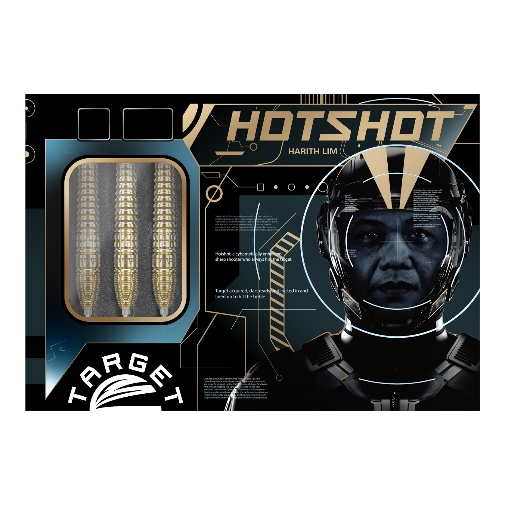 Auf dem Bild sind die Target Japan Prime Series Harith Lim HotShot GEN3 Swiss Point Steeldarts zu sehen. Sie eignen sich perfekt für Dart-Enthusiasten.