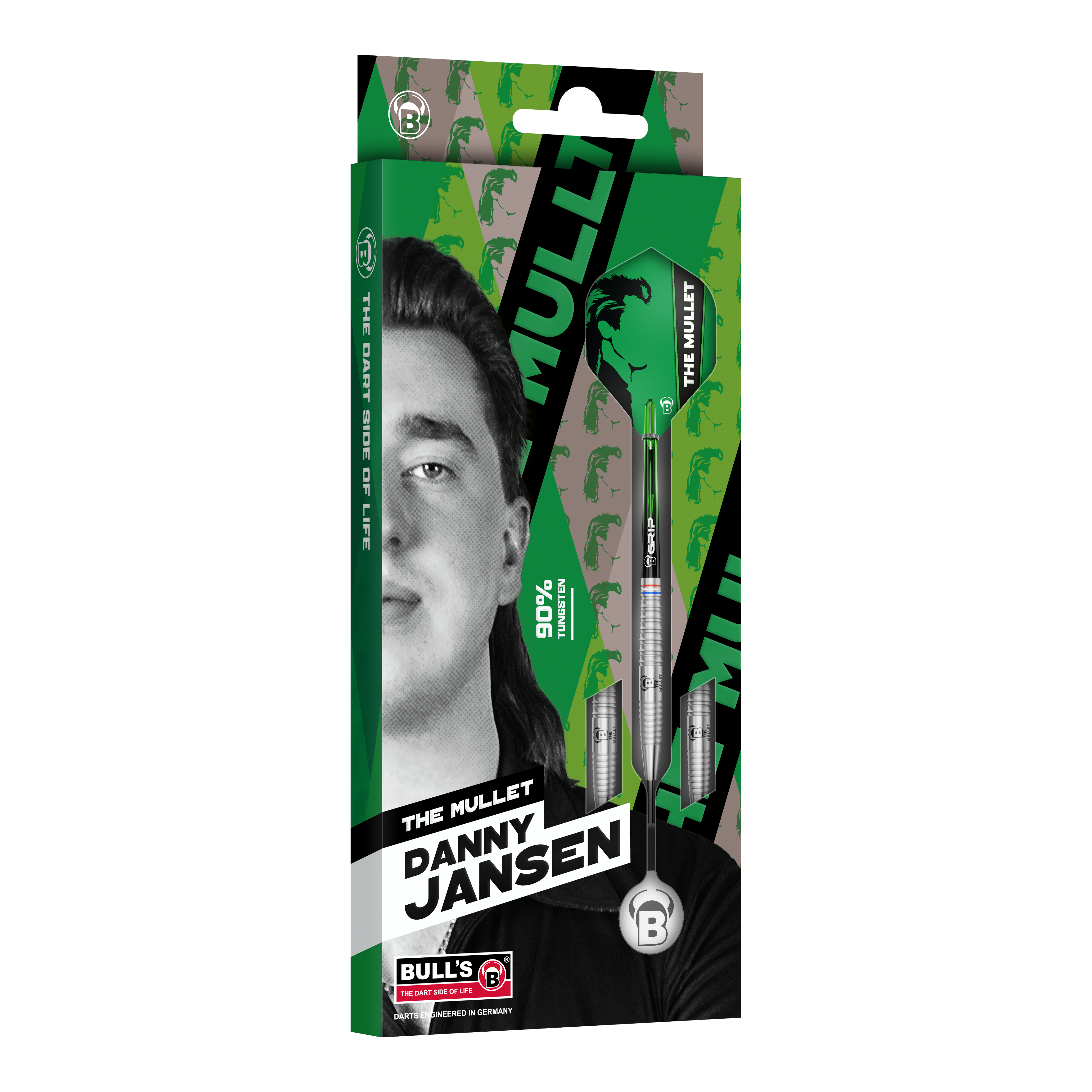 Das Produkt Bulls Danny Jansen G2 Steeldarts wird gezeigt. Das Bild veranschaulicht die Bauweise und Details des Steeldarts.