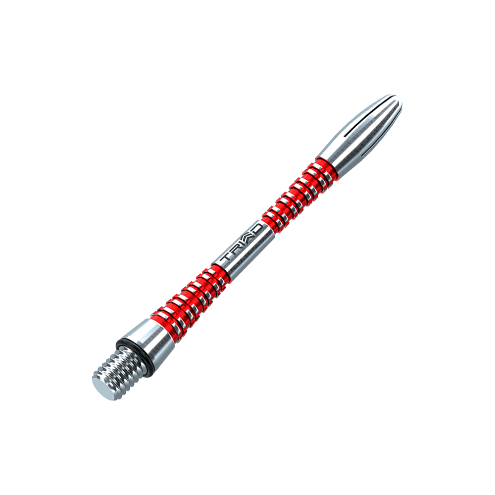 Das Bild zeigt einen silbernen Dart-Schaft mit roten Ringen. Auf dem Schaft steht das Wort "TRIAD".