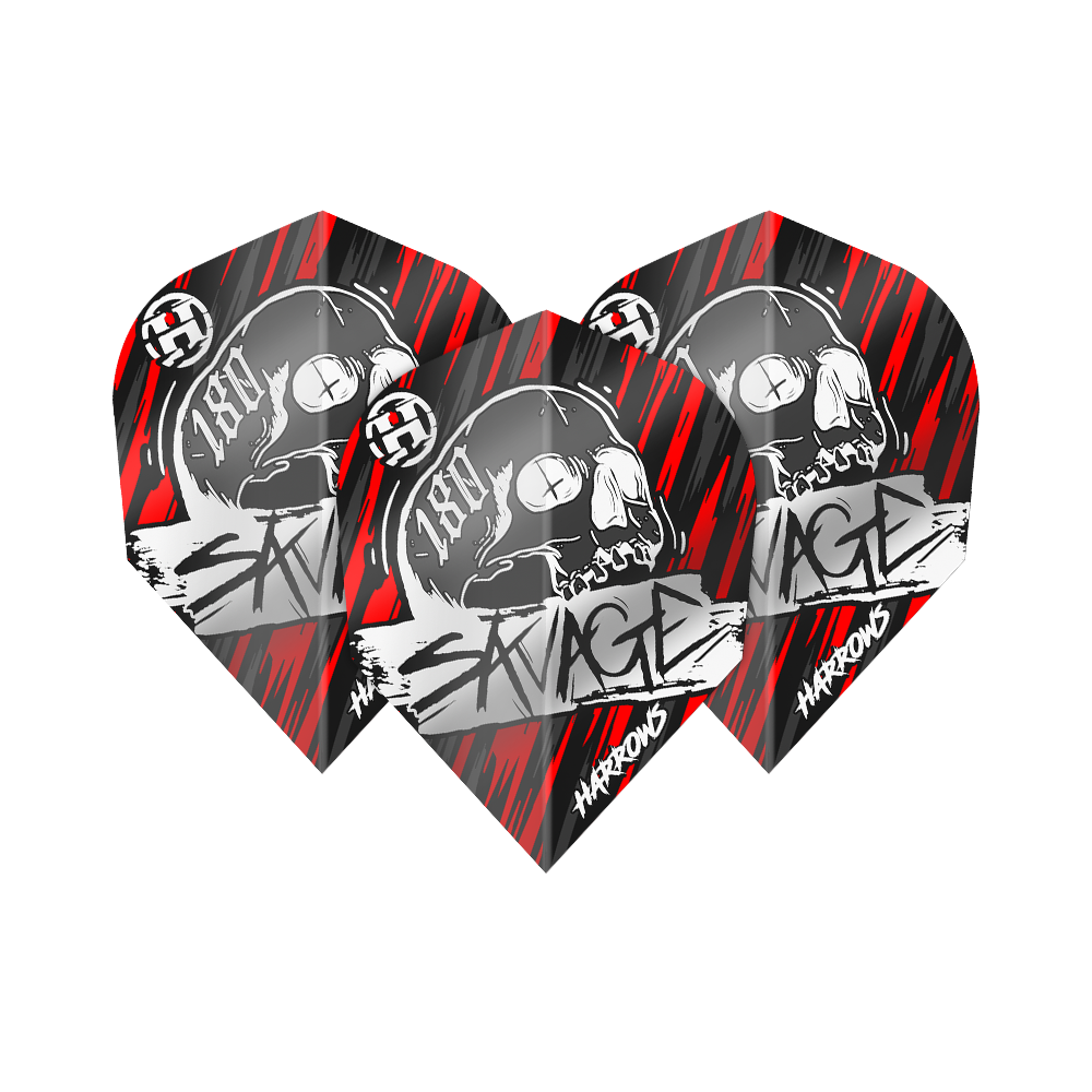 Loty Harrow's Savage Red Silver nr 6 Das Bild zeigt die Harrows Savage Red Silver No6 Flights mit einem auffälligen Totenkopf-Design. Die Flights sind in den Farben Rot, Schwarz und Silber gehalten und tragen den Schriftzug „Savage“.