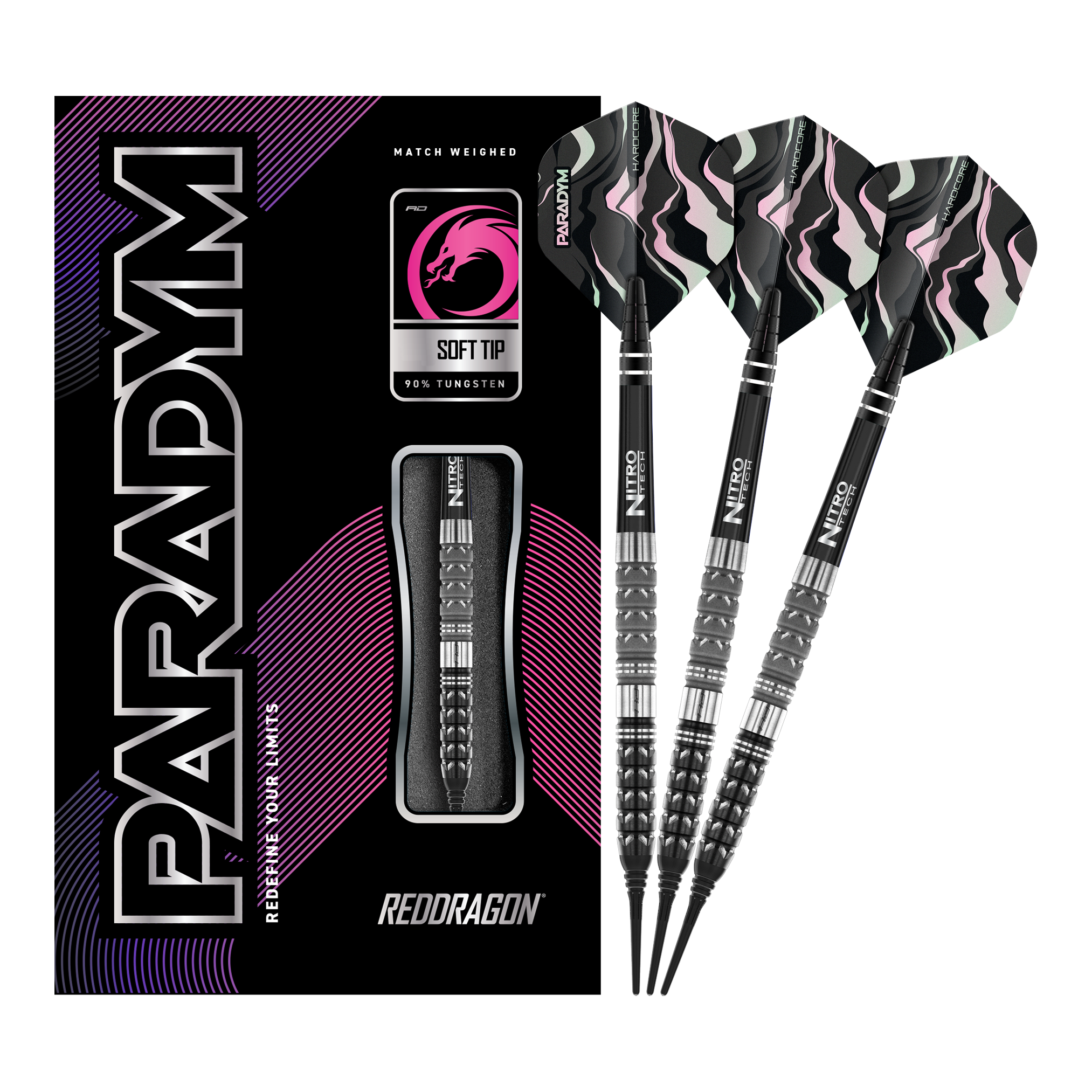 Red Dragon Paradym Tapered Soft Darts - 20g Das Bild zeigt die Red Dragon Paradym Tapered Softdarts mit einem Gewicht von 20g. Rechts sind drei stilvolle Softdarts zu sehen, links befindet sich die dazugehörige Verpackung.