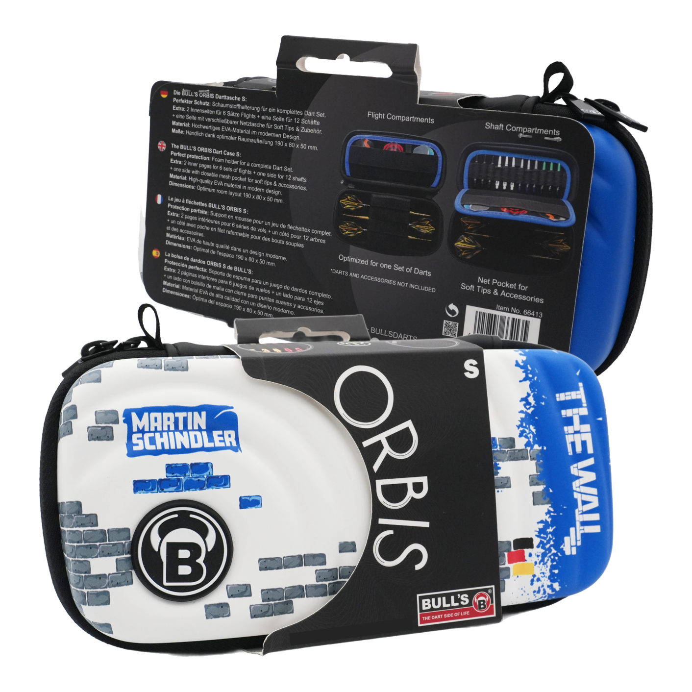 Etui na lotki Bulls Orbis S Martin Schindler Das Bild zeigt das Produkt "Bulls Orbis S Martin Schindler Dartcase" in einer Verpackung. Das Dartcase ist bunt gestaltet und trägt den Namen "Martin Schindler" sowie "The Wall".