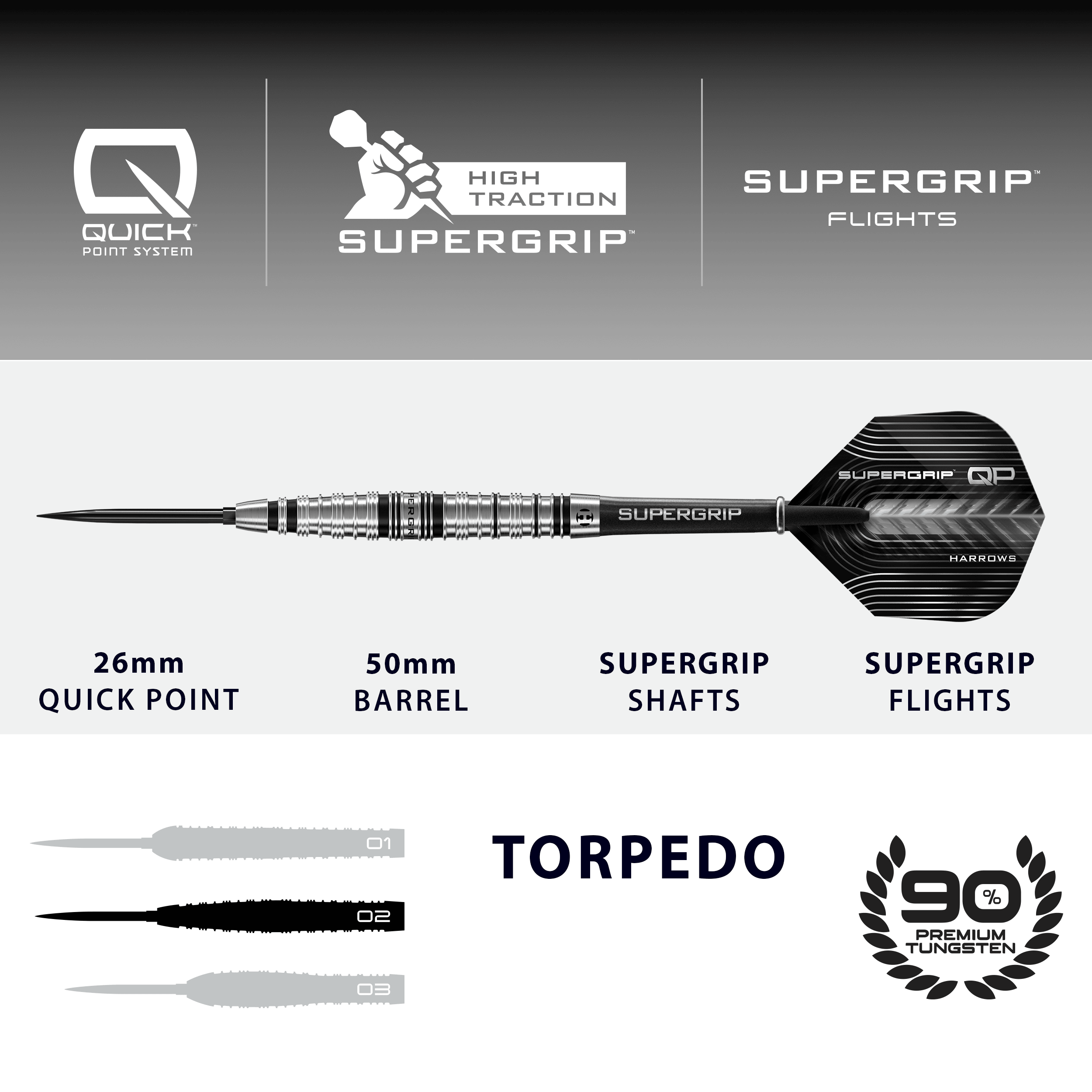 Lotki stalowe Harrows Supergrip Torpedo Quick Point Dieses Bild zeigt die Harrows Supergrip Torpedo Quick Point Steeldarts. Der Artikel ist in Nahaufnahme zu sehen.