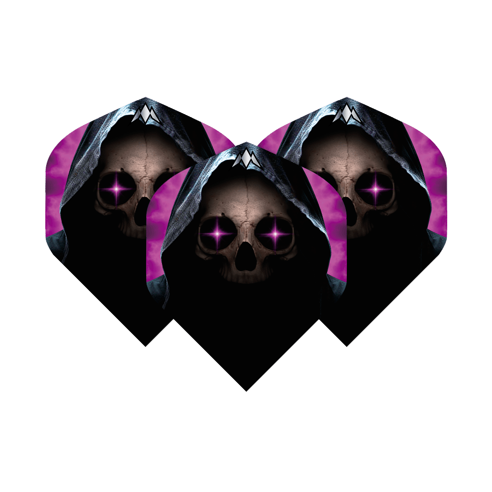 Misja Solo Phantom No2 Standardowe loty Das Bild zeigt drei Dart-Flights mit einem Totenkopf in einer dunklen Kapuze und leuchtenden lila Augen. Der Hintergrund ist schwarz mit lila Akzenten.