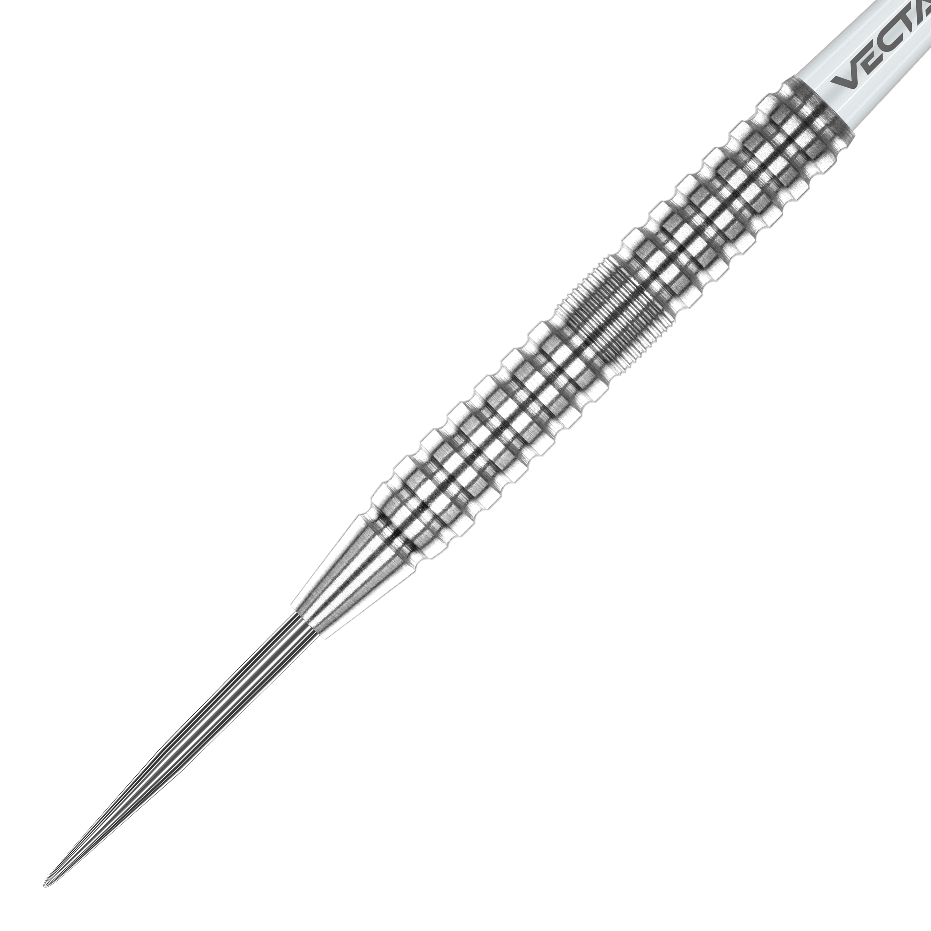 Lotki stalowe Winmau Willie O'Connor - 23g Das Bild zeigt einen silbernen Winmau Willie OConnor Steeldart mit einem Gewicht von 23g. Der Dartpfeil hat eine strukturierte und geriffelte Oberfläche für besseren Halt.