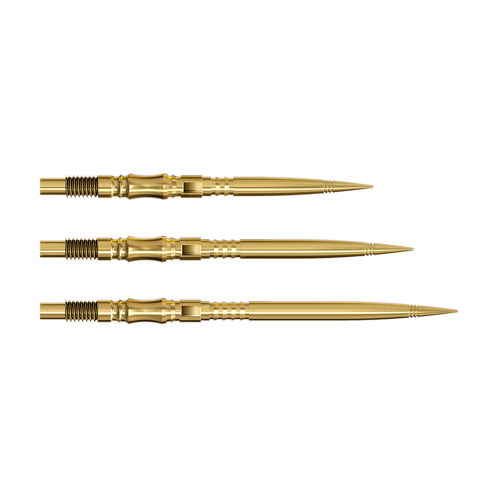 Końcówki do lotek Harrows Quick Point Axis Elite Series – złote Die Harrows Quick Point Axis Elite Series Dartspitzen in Gold sind auf dem Bild zu sehen. Mehrere goldene Dartspitzen liegen nebeneinander.