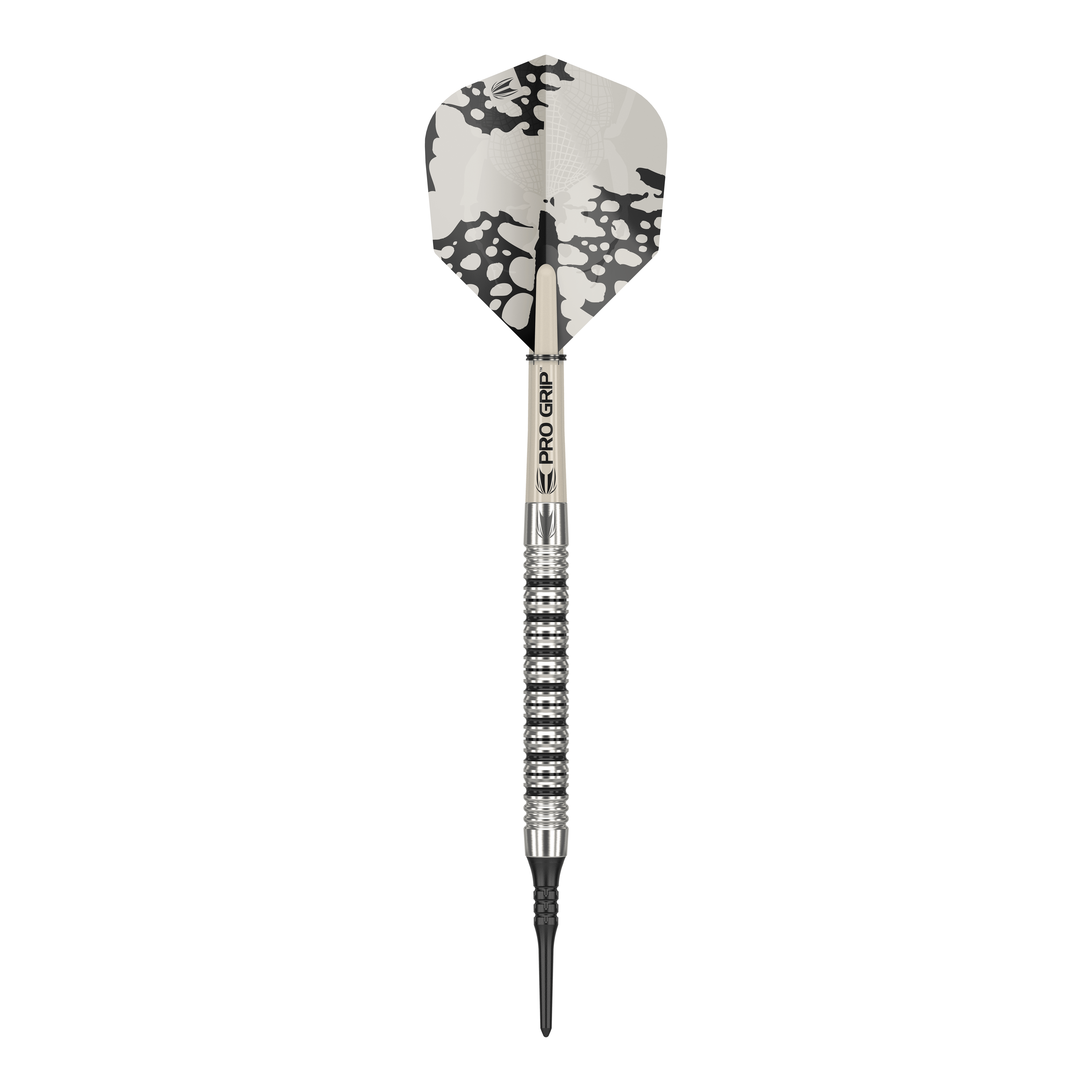 Target EXO 11 Miękkie lotki Dies ist ein Softdart des Modells "Target EXO 11". Er hat ein silbernes Barrel mit Rillen und ein Flight mit schwarz-weißem Muster.