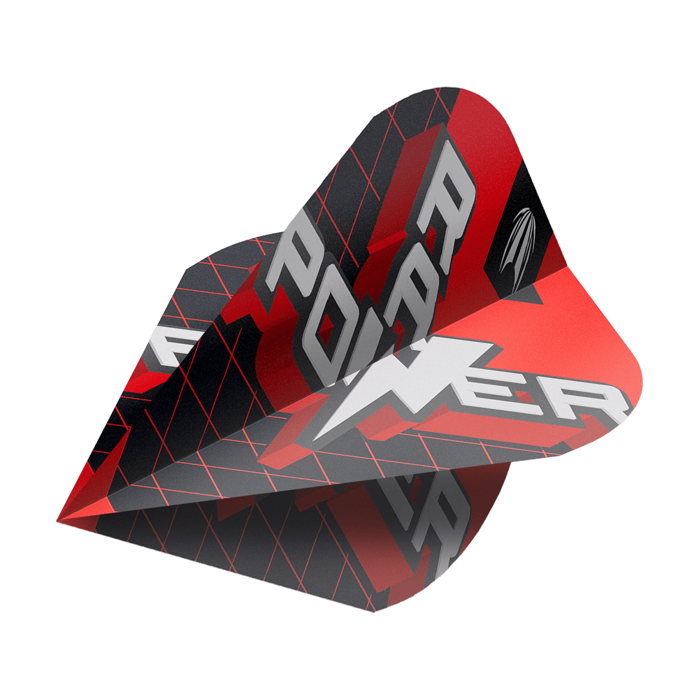 Das Bild zeigt ein Dart-Flight mit modernem, rot-schwarzem Design und der Aufschrift "POWER". Es handelt sich um das Produkt "Target Pro Ultra Phil Taylor Power 9Five GEN11 Vapor S Flights - 3 Sets".