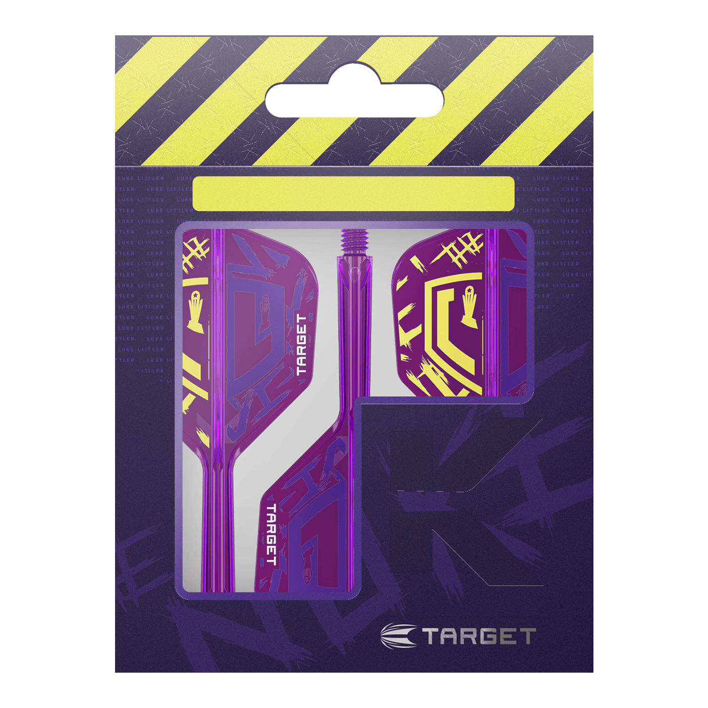 Target K-Flex Luke Littler Mistrz Świata 2025 No6 Flights Die Verpackung zeigt die Target K-Flex Luke Littler World Champion 2025 No6 Flights. Die Flights sind vorwiegend lila mit gelben Akzenten und befinden sich in einer auffälligen Verpackung.