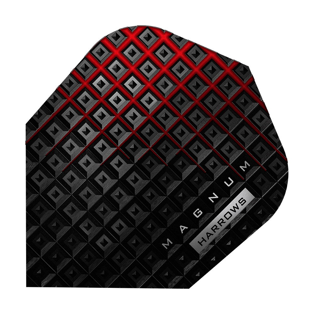HR36_Harrows_Prime_Magnum_Reloaded_Standard_Flights_1 Dies ist ein Harrows Prime Magnum Reloaded Standard Flight. Das Design ist schwarz mit roten und grauen geometrischen Mustern und den Aufschriften „MAGNUM“ und „HARROWS“.
