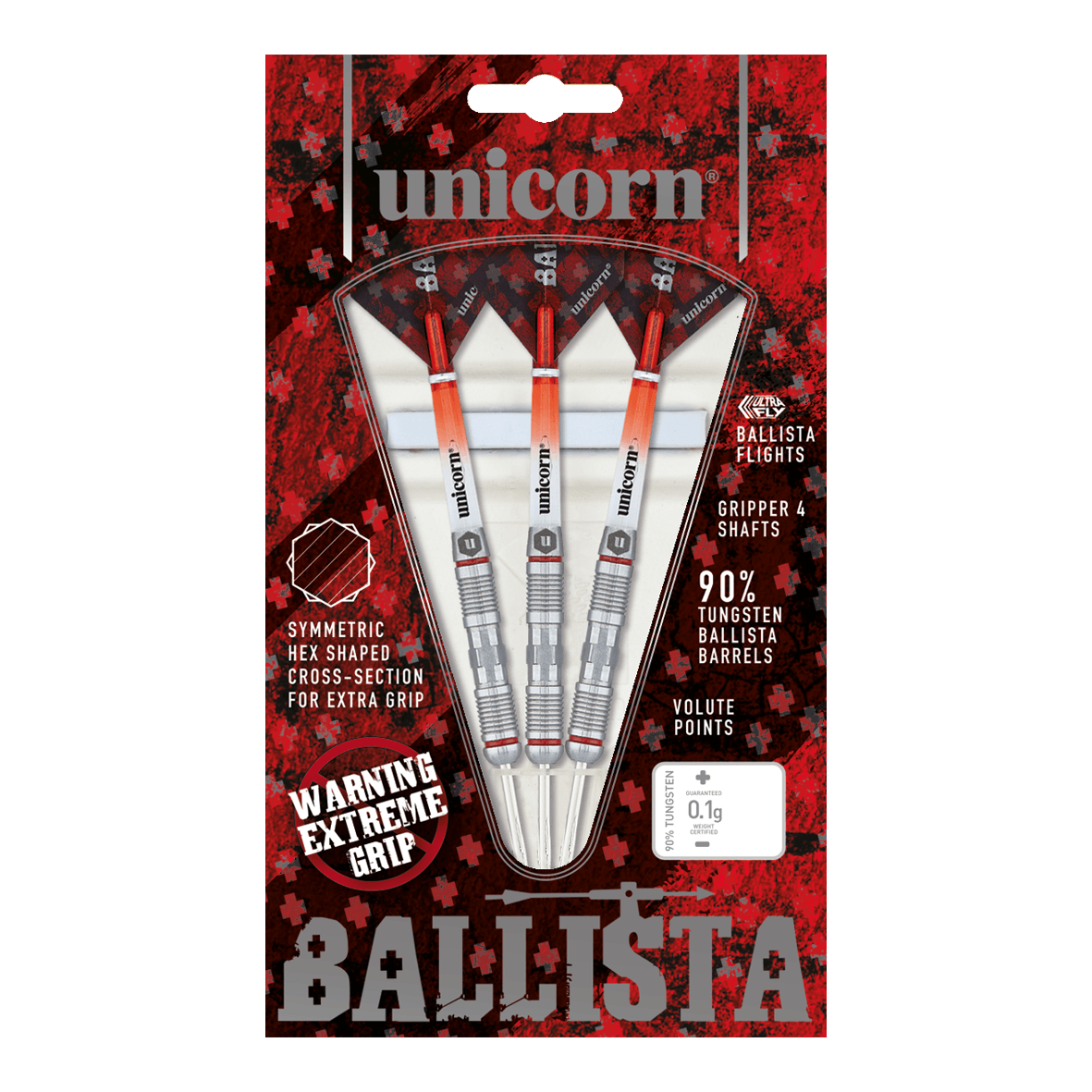 Unicorn Ballista Style 2 stalowe rzutki Das Bild zeigt eine Packung "Unicorn Ballista Style 2 Steeldarts" mit drei Darts. Die Verpackung hebt den extremen Grip und den 90%igen Tungsten-Anteil der Barrels hervor.