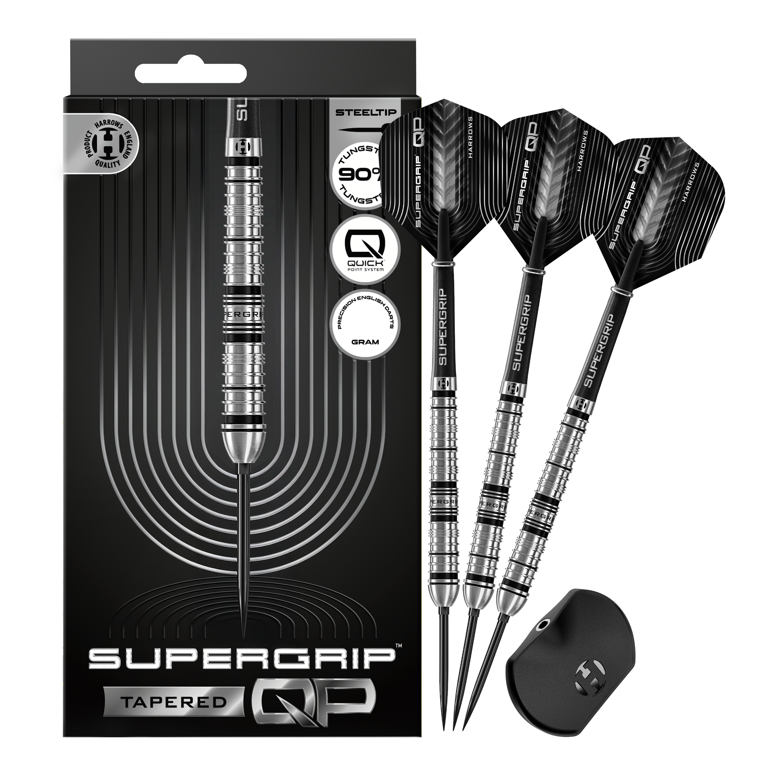 Lotki stalowe Harrows Supergrip Tapered Quick Point Abgebildet sind die Harrows Supergrip QP Tapered Quick Point Steeldarts. Es handelt sich um hochwertige Steeldarts für präzises Dartspiel.