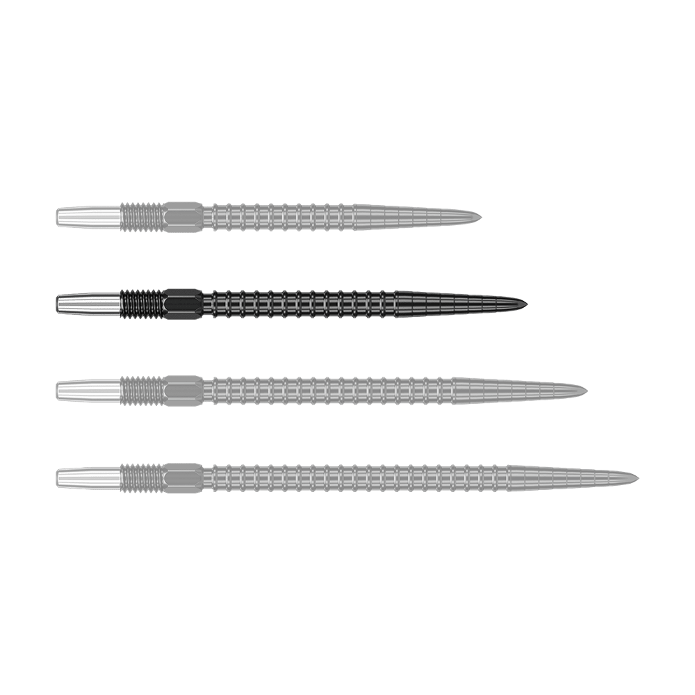 Auf dem Bild sind vier schwarze Dartspitzen in einer Reihe zu sehen. Sie haben einen silbernen hinteren Abschnitt und einen geriffelten Mittelteil.