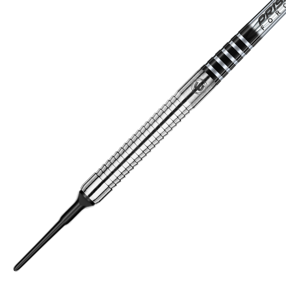 Das Bild zeigt den vorderen Teil eines Softdarts mit Metallgriff und schwarzer Kunststoffspitze. Der Griff hat ein silbernes, geriffeltes Design mit schwarzen Ringen.