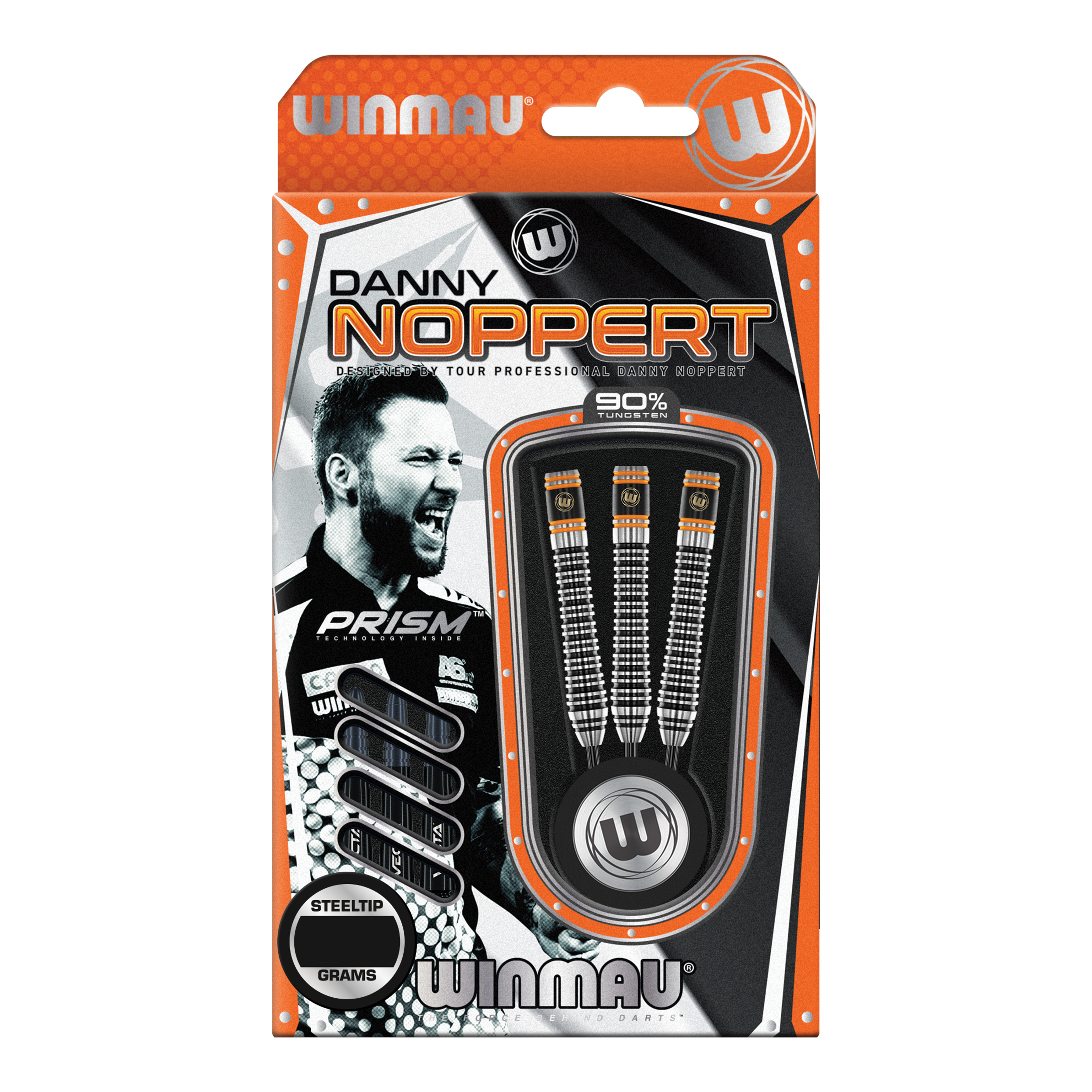 Winmau Danny Noppert Signature Edition 2 stalowe strzałki Auf dem Bild ist eine Packung „Winmau Danny Noppert Signature Edition 2 Steeldarts“ zu sehen. Die Verpackung zeigt drei Steeldarts und ein Porträt von Danny Noppert.