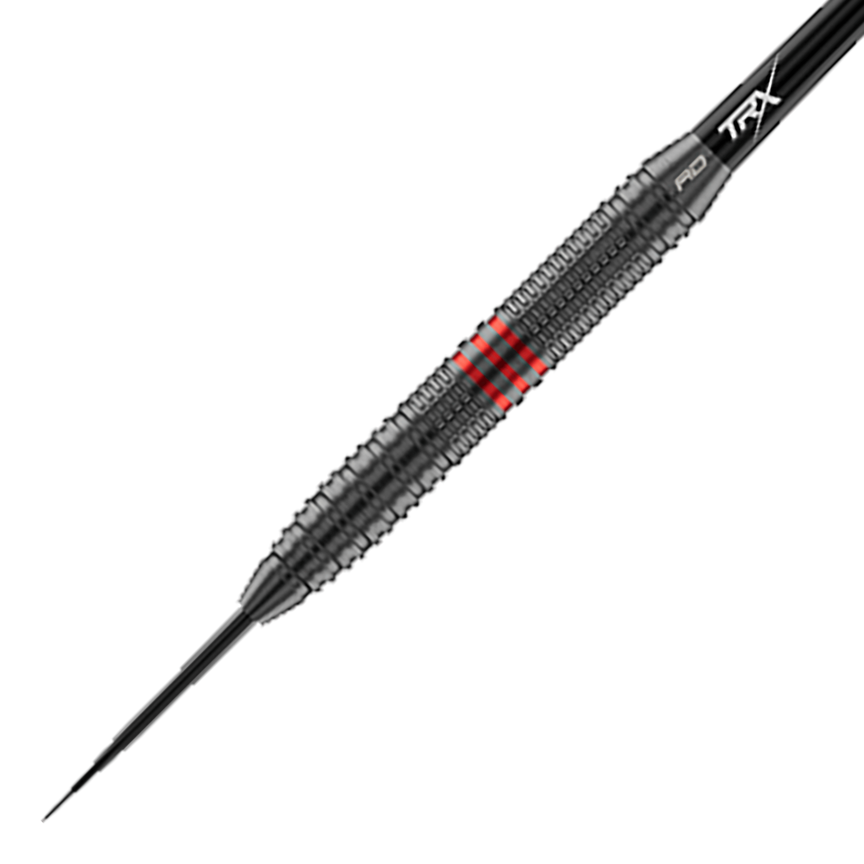 Hier ist ein Red Dragon Jonny Clayton Core Brass Steeldart - 21g aus einer anderen Perspektive zu sehen. Zu erkennen sind die goldenen und silbernen Details sowie ein roter und schwarzer Flight.