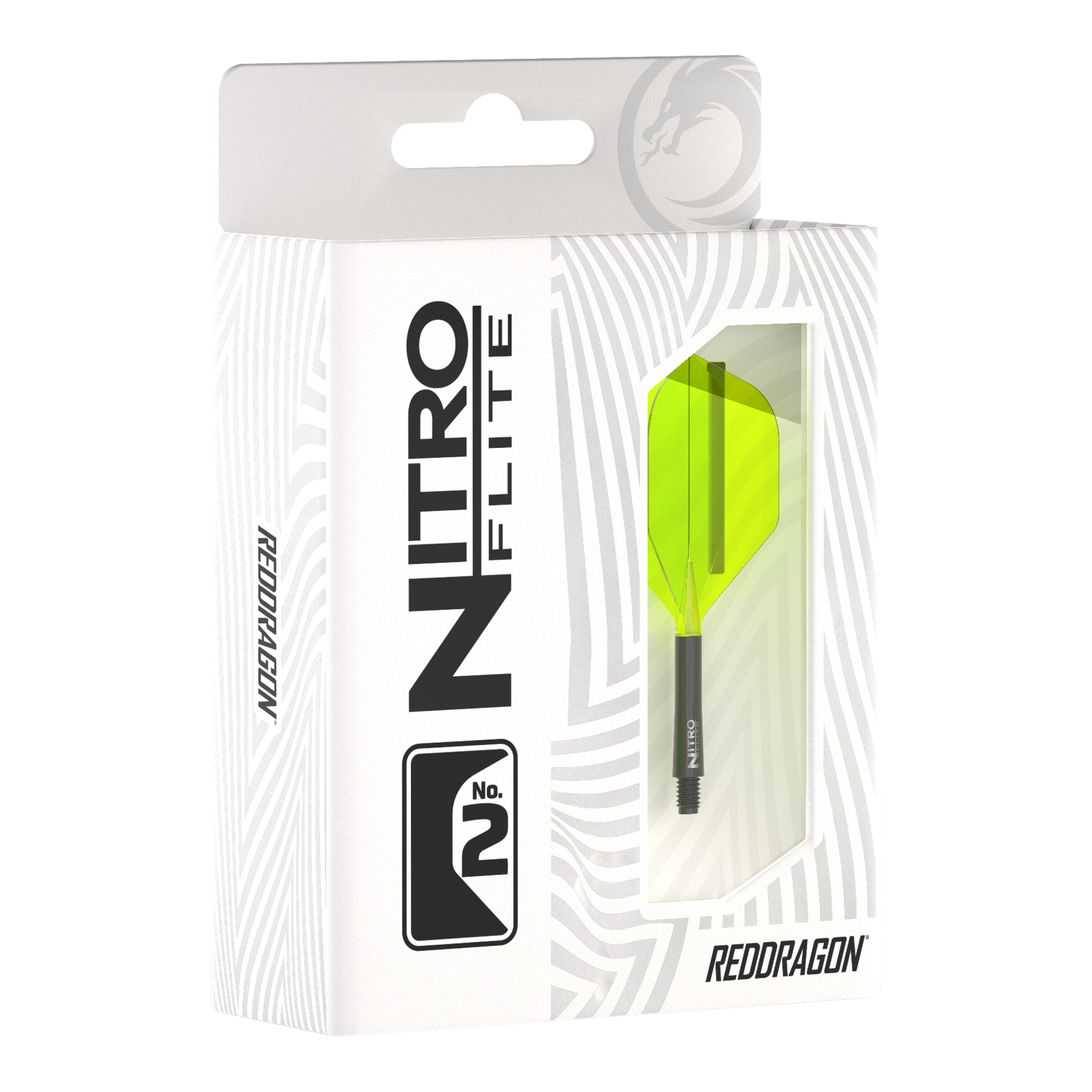 Die Abbildung zeigt die Verpackung des Produkts "Red Dragon Nitroflite - Black Shaft Yellow No2 Flights". In der Packung ist ein Dartflight mit gelben Flügeln und schwarzem Schaft zu sehen.