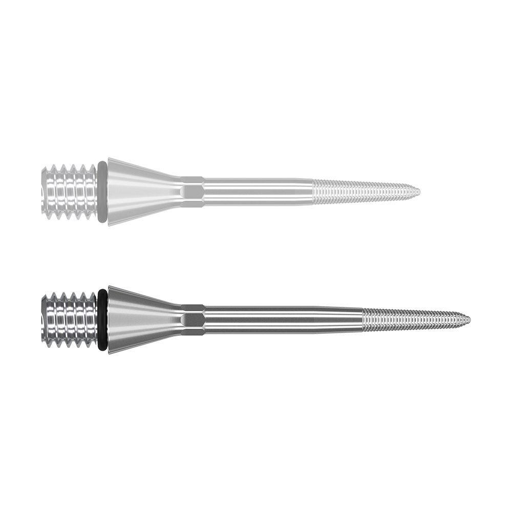 380169_Target_Titanium_Swiss_Point_Nano_Conversion_Points_Silber_30mm_1NCMpVVSzm7v0u Das Bild zeigt zwei silberne, spitz zulaufende Metallstifte mit Gewinde am vorderen und hinteren Ende. Sie liegen parallel zueinander auf weißem Hintergrund.