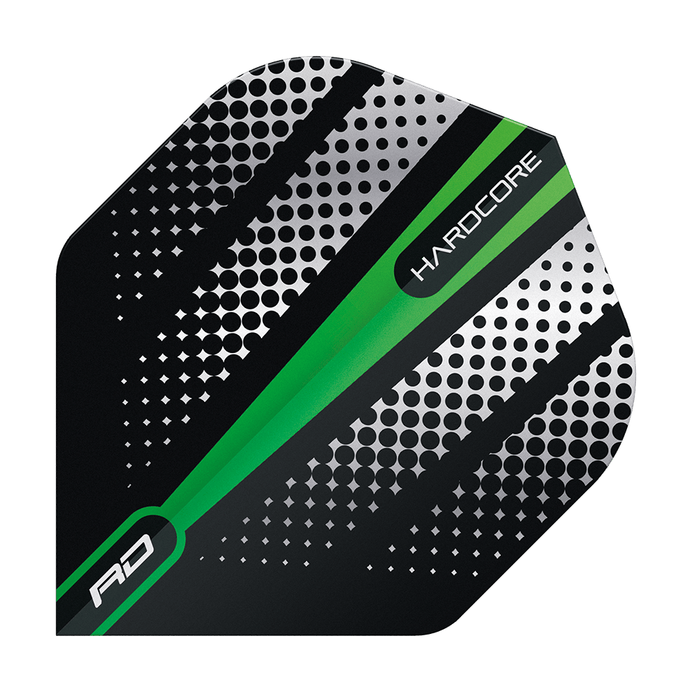 TF6508_Red_Dragon_Hardcore_Radical_Green_Flash_Standard_Flights_1IWHH3BZoInHo6 Das Bild zeigt ein Dartflight mit einem modernen Design in Schwarz, Grün und Silber. Auf dem Flight stehen die Wörter „HARDCORE“ und „RD“.