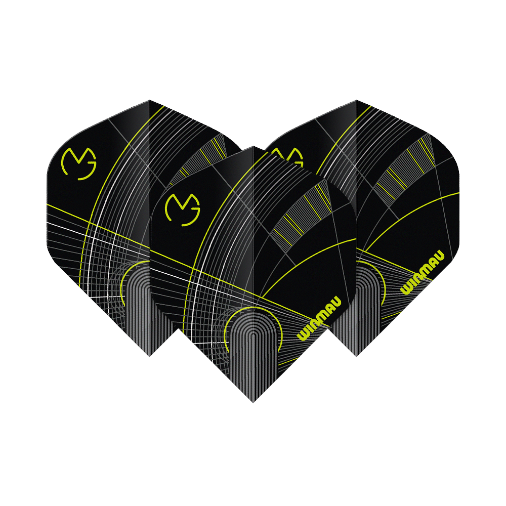 Das Bild zeigt die Winmau Prism Delta MvG Black Green No2 Standard Flights. Diese Flights sind in Schwarz und Grün gehalten und für Darts geeignet.