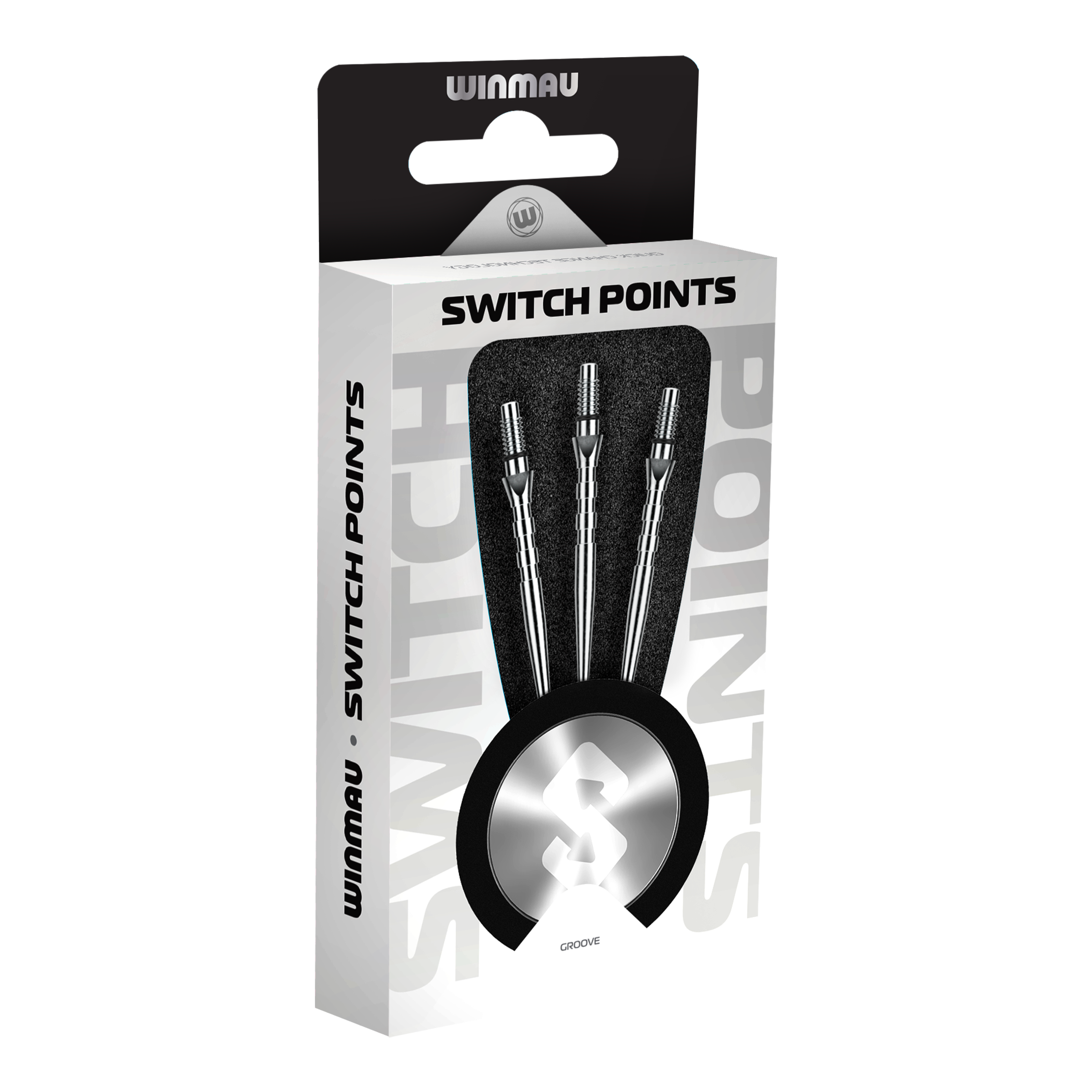 Stalowe groty do lotek Winmau Switch Point Groove – efekt srebrny Das Bild zeigt Winmau Switch Point Groove Steeldartspitzen im Silver Effect. Die Dartspitzen besitzen Rillen und eine silberne Oberfläche.