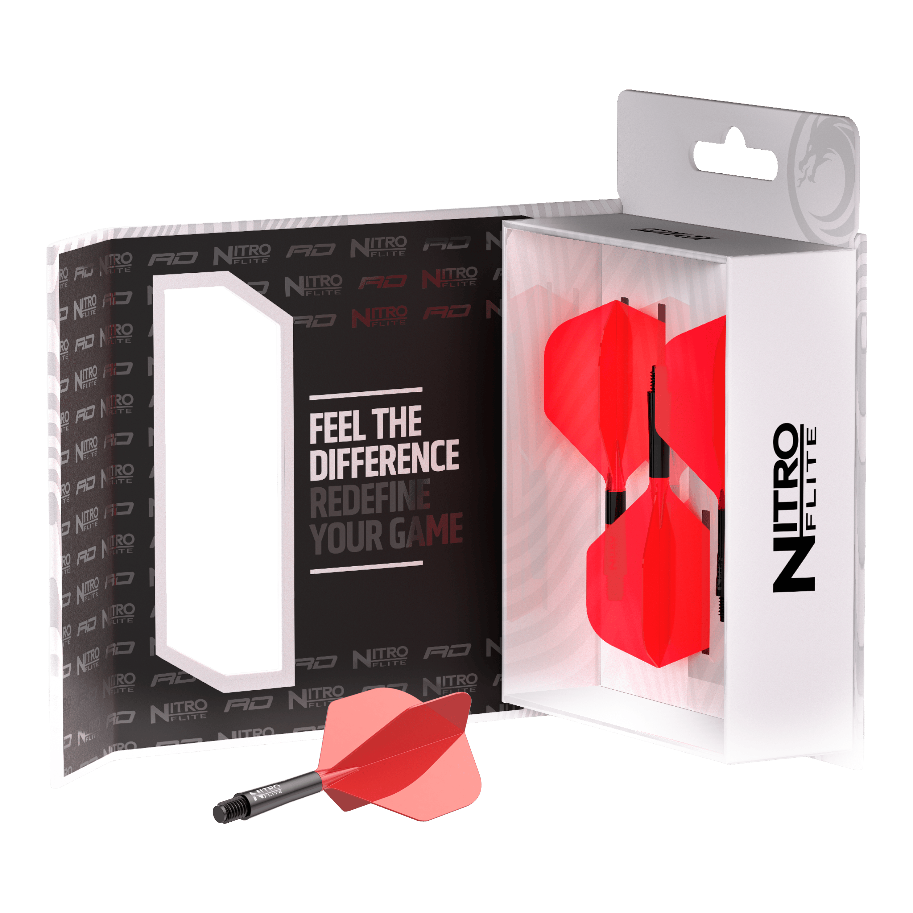 Red Dragon Nitroflite - Black Shaft Red No2 Lotki Zu sehen ist Red Dragon Nitroflite - Black Shaft Red No2 Flights. Die Dart-Flights zeigen ein Design in Schwarz und Rot.