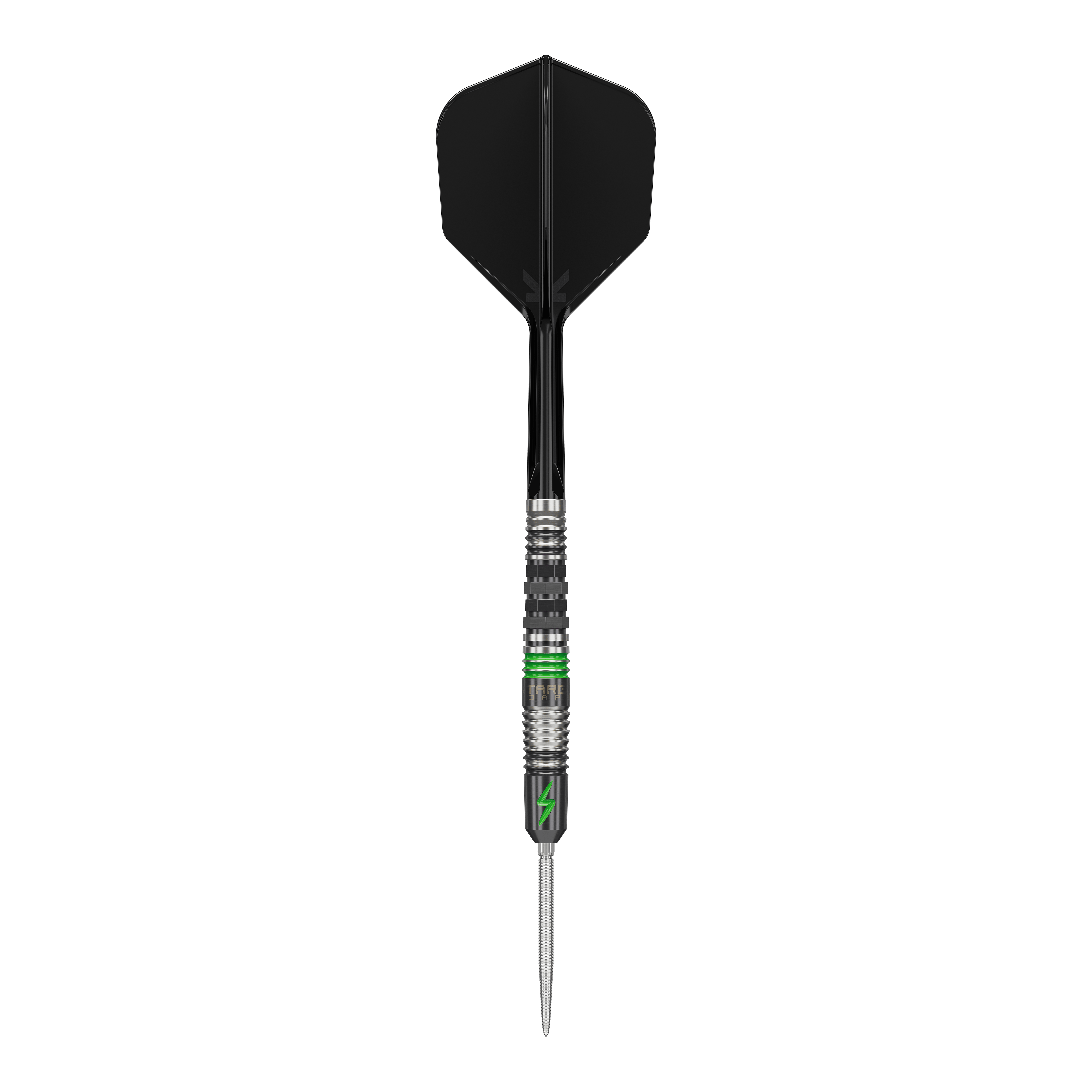 Stalowe lotki Target Japan Black Marque Lightning 3 SP Das Bild zeigt einen Target Japan Black Marque Lightning 3 SP Steeldart. Der Dartpfeil hat ein schwarzes Flight und Details in Silber und Grün am Schaft.