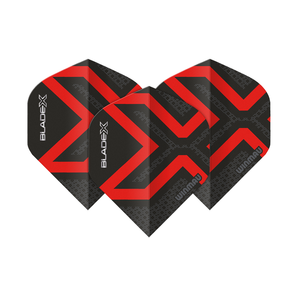 Dies ist ein Winmau Prism Delta Blade X Metallic Red No2 Standard Flight. Das abgebildete Produkt ist in roter Farbe gehalten.