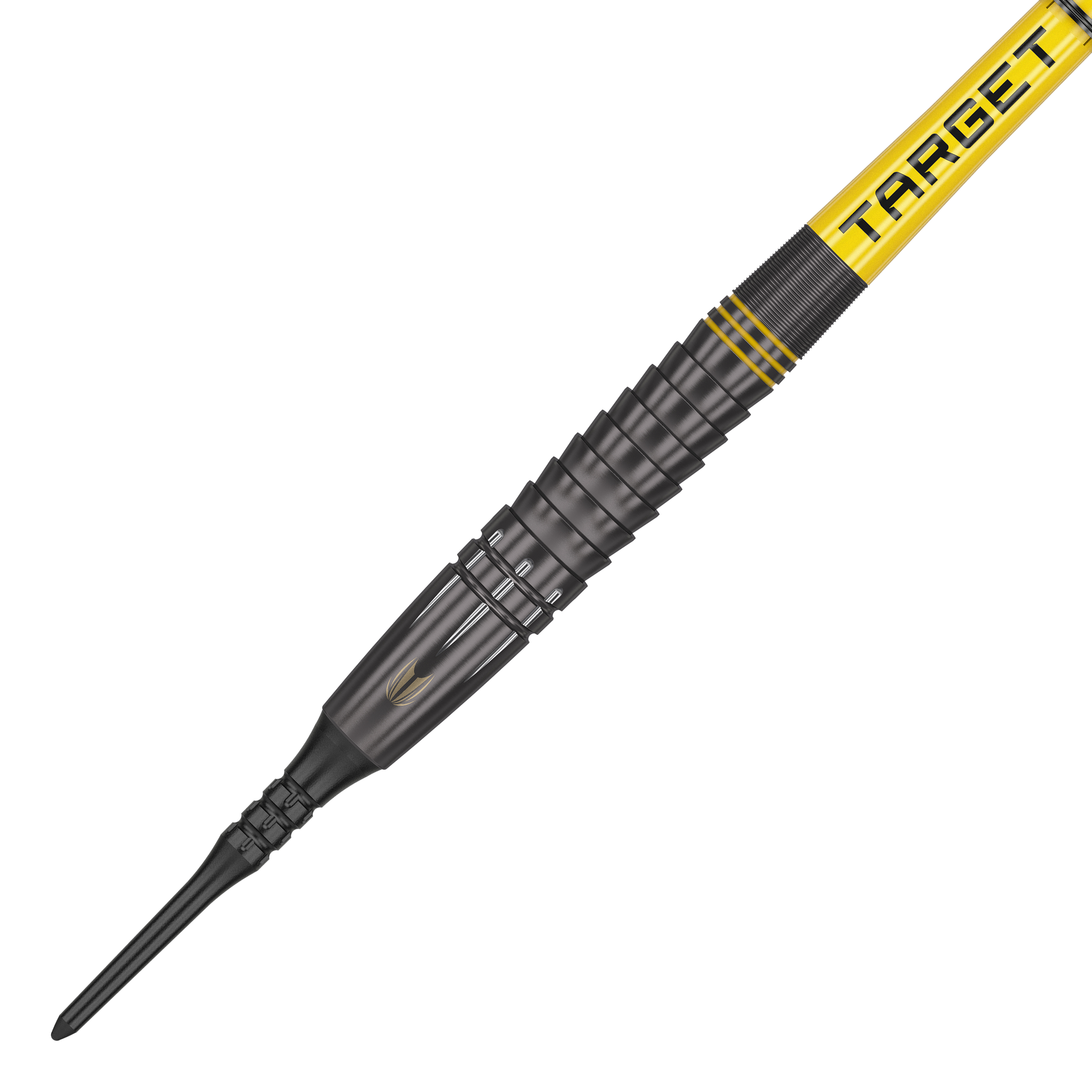 Lotki Target Scott Williams Shaggy Black Soft Darts - 20g Das Bild zeigt einen schwarzen Softdart mit gelben Akzenten und der Aufschrift "TARGET". Es handelt sich um das Produkt "Target Scott Williams Shaggy Black Softdarts - 20g".