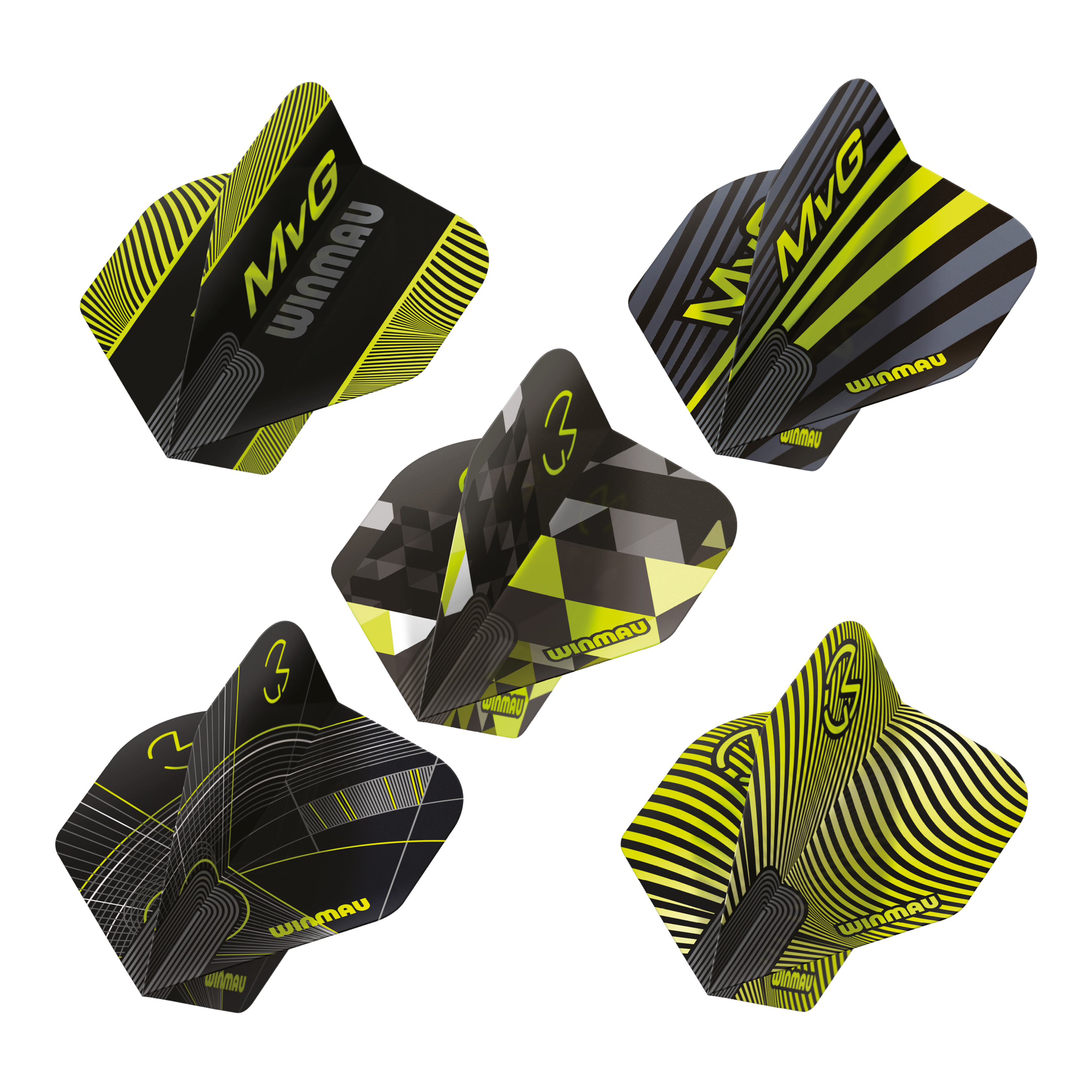 Kolekcja standardowych lotów Winmau Michaela Van Gerwena Prism nr 2 Das Bild präsentiert die Winmau Michael Van Gerwen Prism No2 Standard Flight Collection. Es handelt sich um eine Auswahl an Dart Flights.