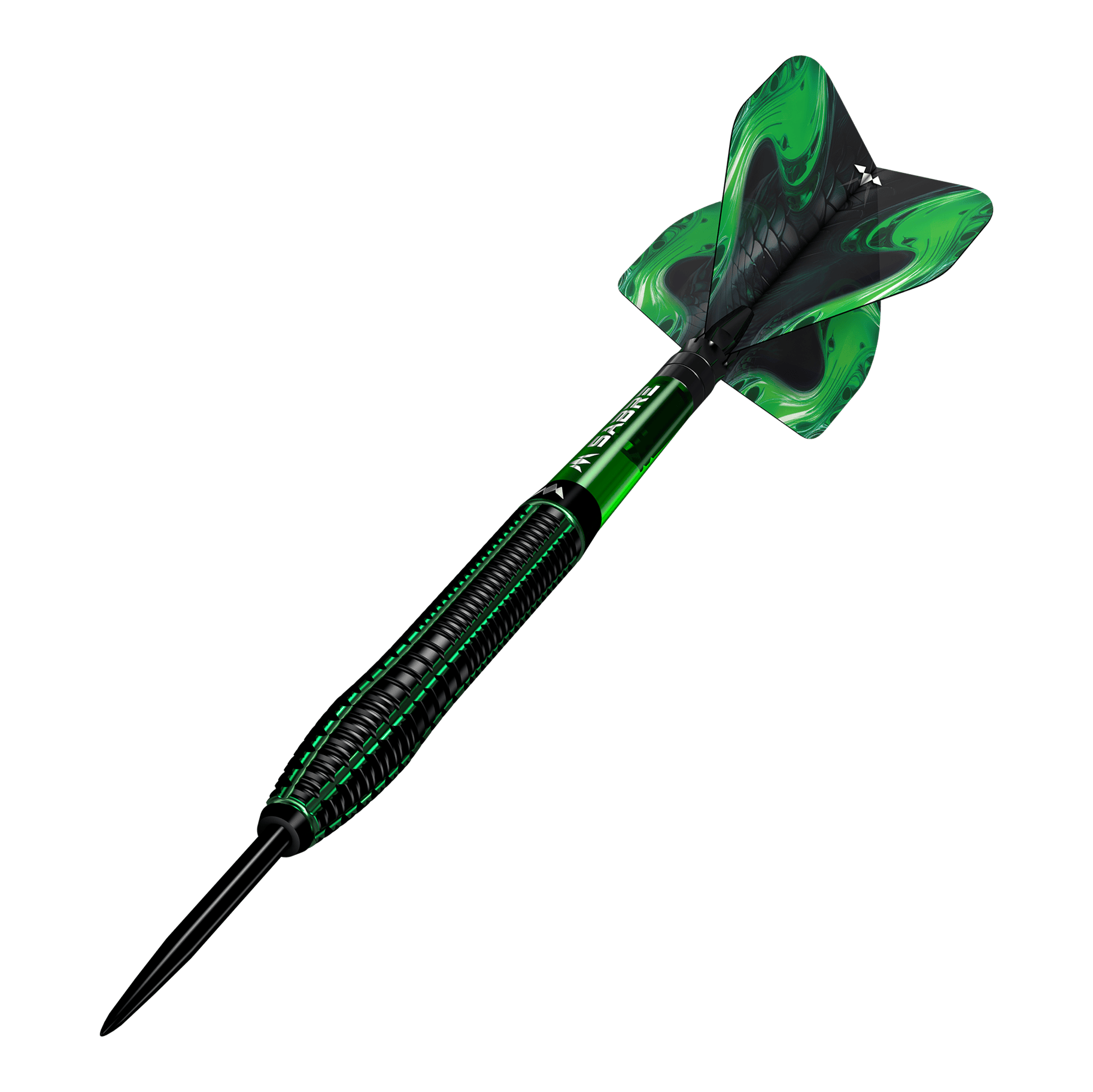 Stalowe rzutki Mission Venom Das Bild zeigt einen Mission Venom Steeldart mit schwarzem und grünem Design. Die Flights sind ebenfalls grün mit einem geschwungenen Muster.